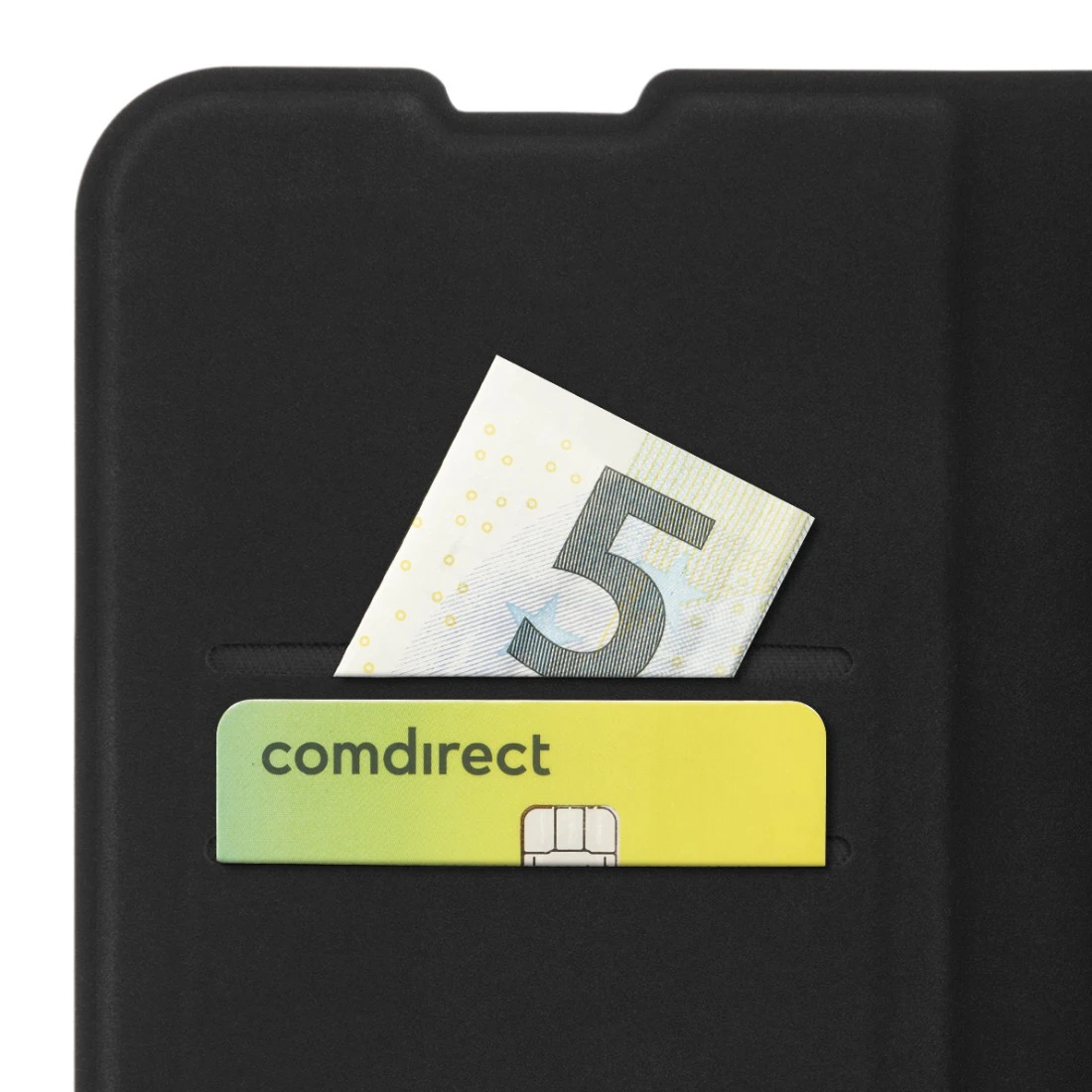 Custodia per telefono nera, con una banconota da 5 euro e una carta di credito all'interno. Logo Comdirect visibile.