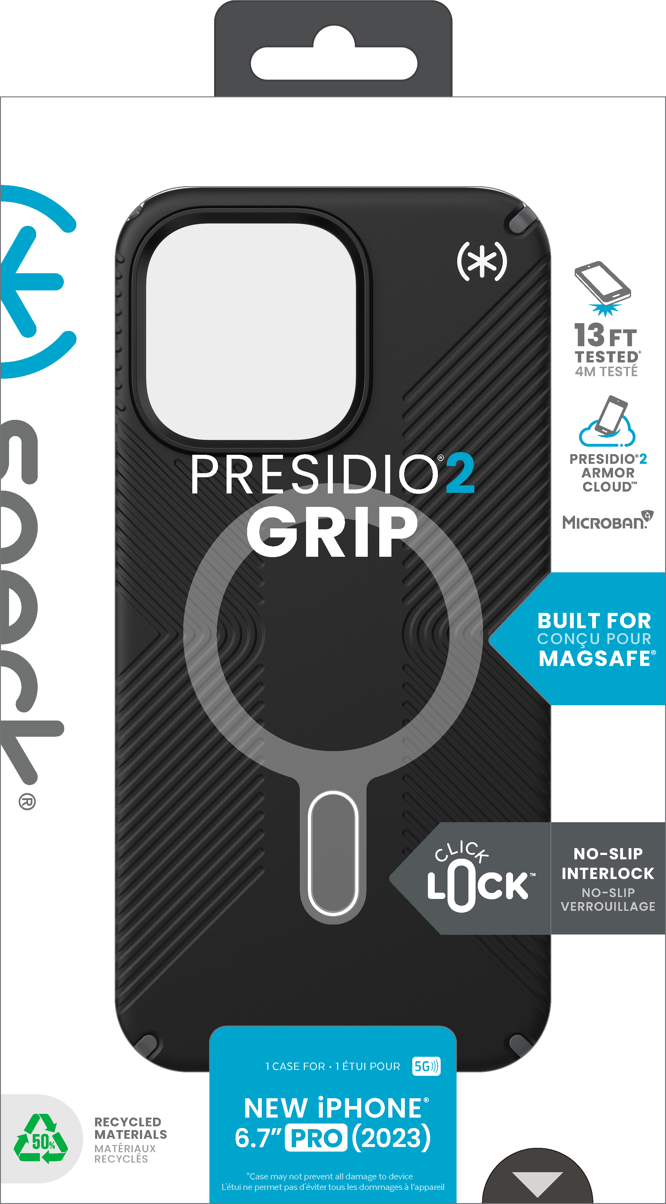 Zwarte telefoonhoes doos met tekst. Er staat 'Presidio 2 Grip' en 'MagSafe'.
