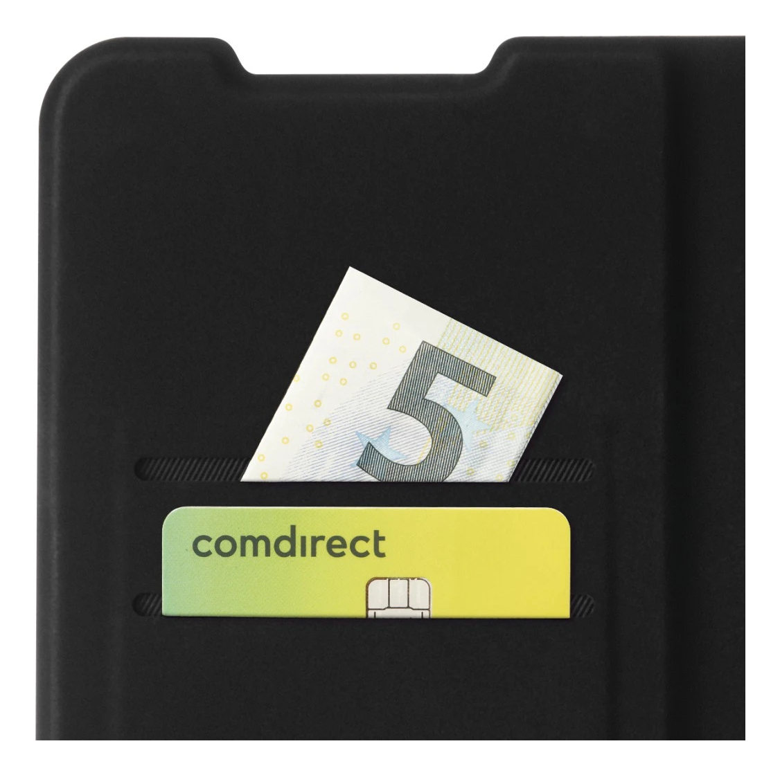 Custodia nera per telefono con banconota da 5 euro e carta comdirect nello slot.