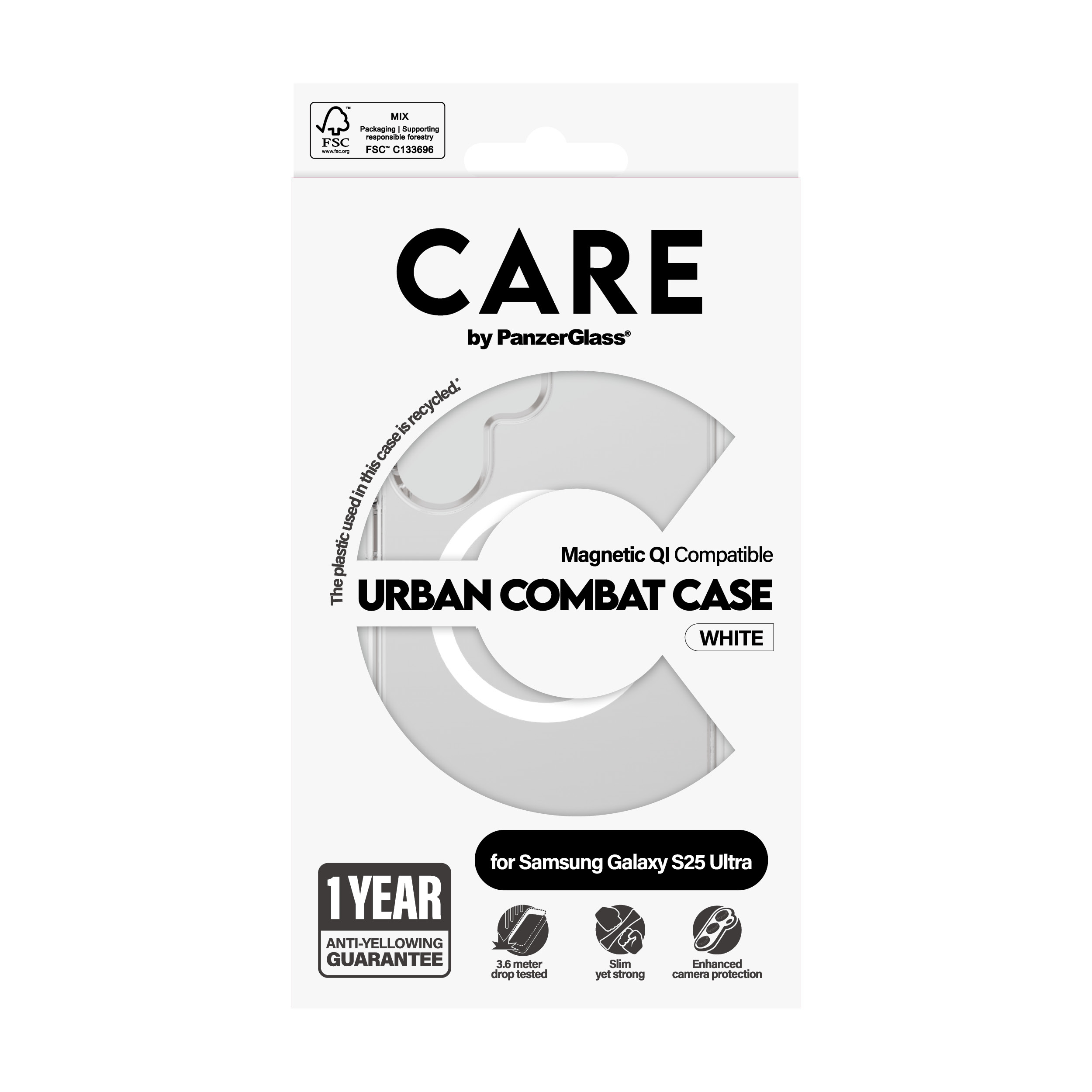 Metinli beyaz telefon kılıfı kutusu. 'CARE by PanzerGlass' ve 'URBAN COMBAT CASE' yazıyor.