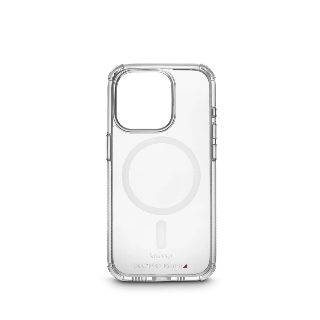 Una custodia trasparente per telefono con un anello magnetico. La custodia è su sfondo bianco.