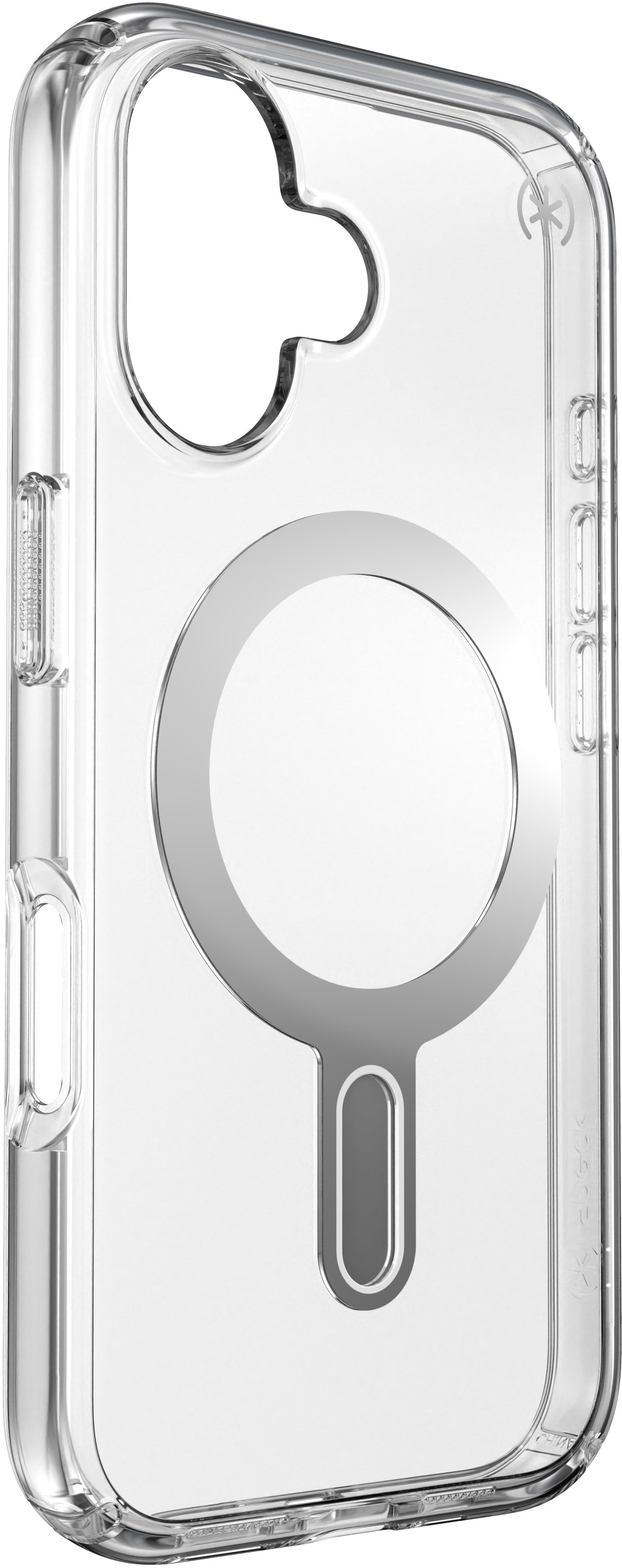 Custodia trasparente per telefono con anello magnetico. La custodia è su una superficie bianca.