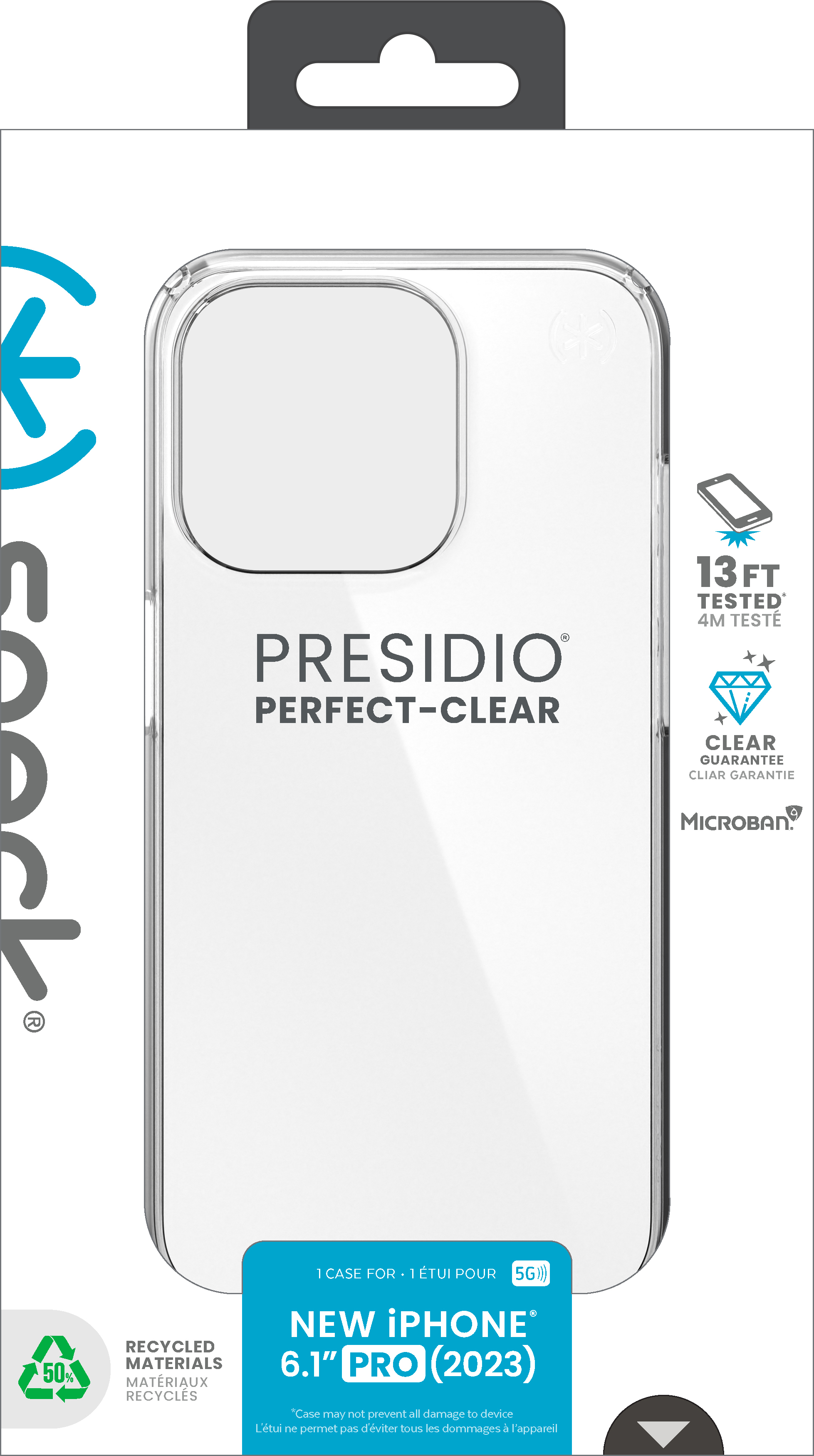 Transparante telefoonhoesverpakking, met een witte achtergrond. Merknaam Presidio.