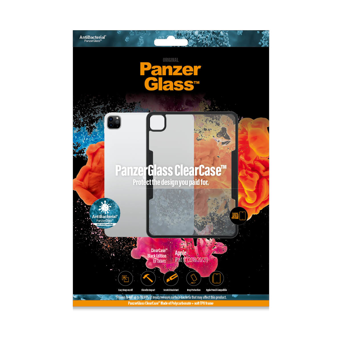 Packaging for a PanzerGlass ClearCase, with a clear case and an iPad inside, against a black background.