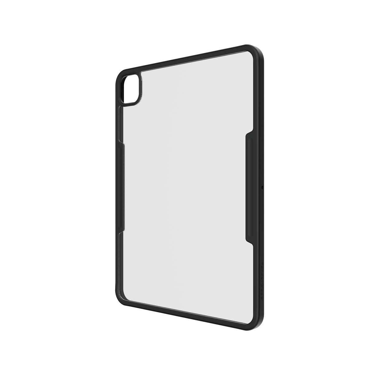 A clear iPad case with a black frame. The case is transparent, showing the iPad inside.
