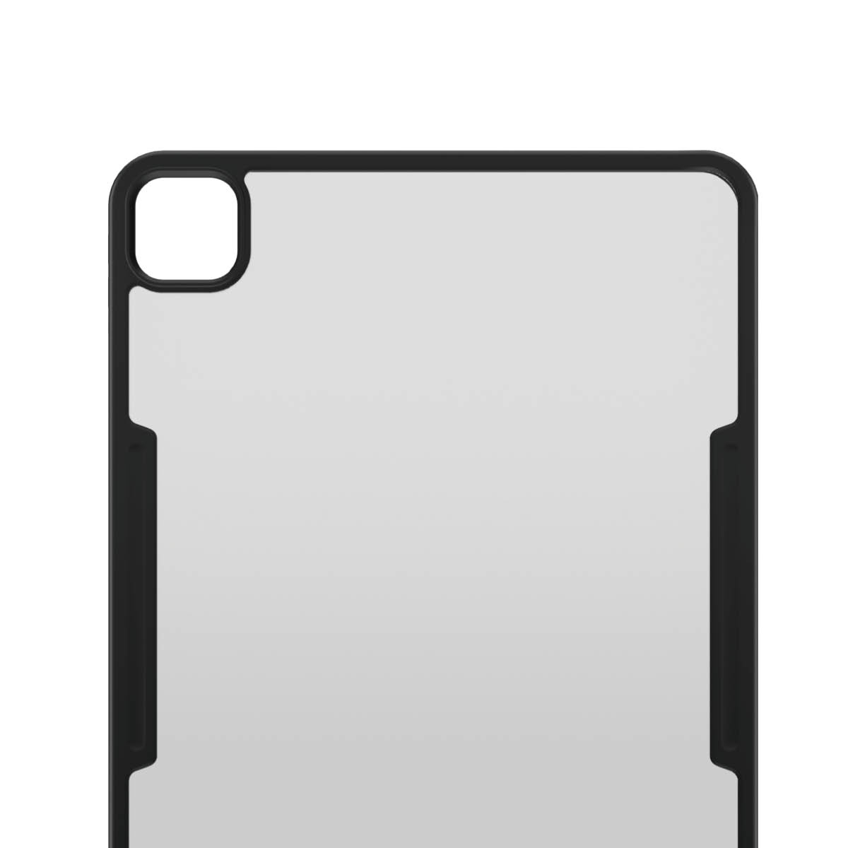 Black iPad case with a clear back. The case has a black frame around the screen.