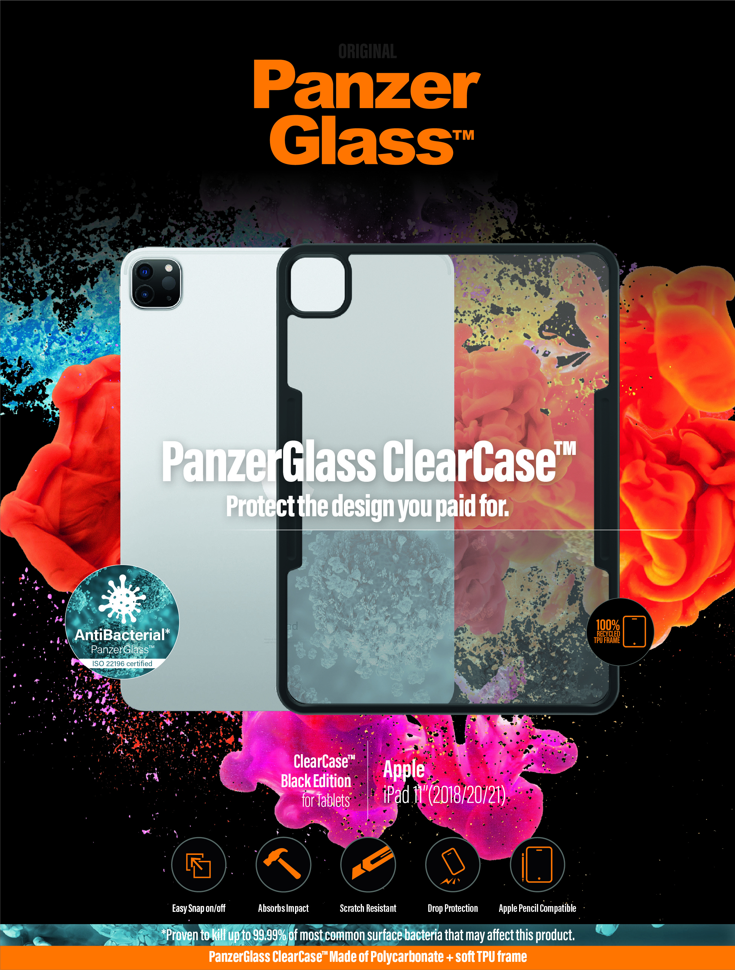 Promotional image of a tablet case. Shows a clear case, with white tablet inside, and text.