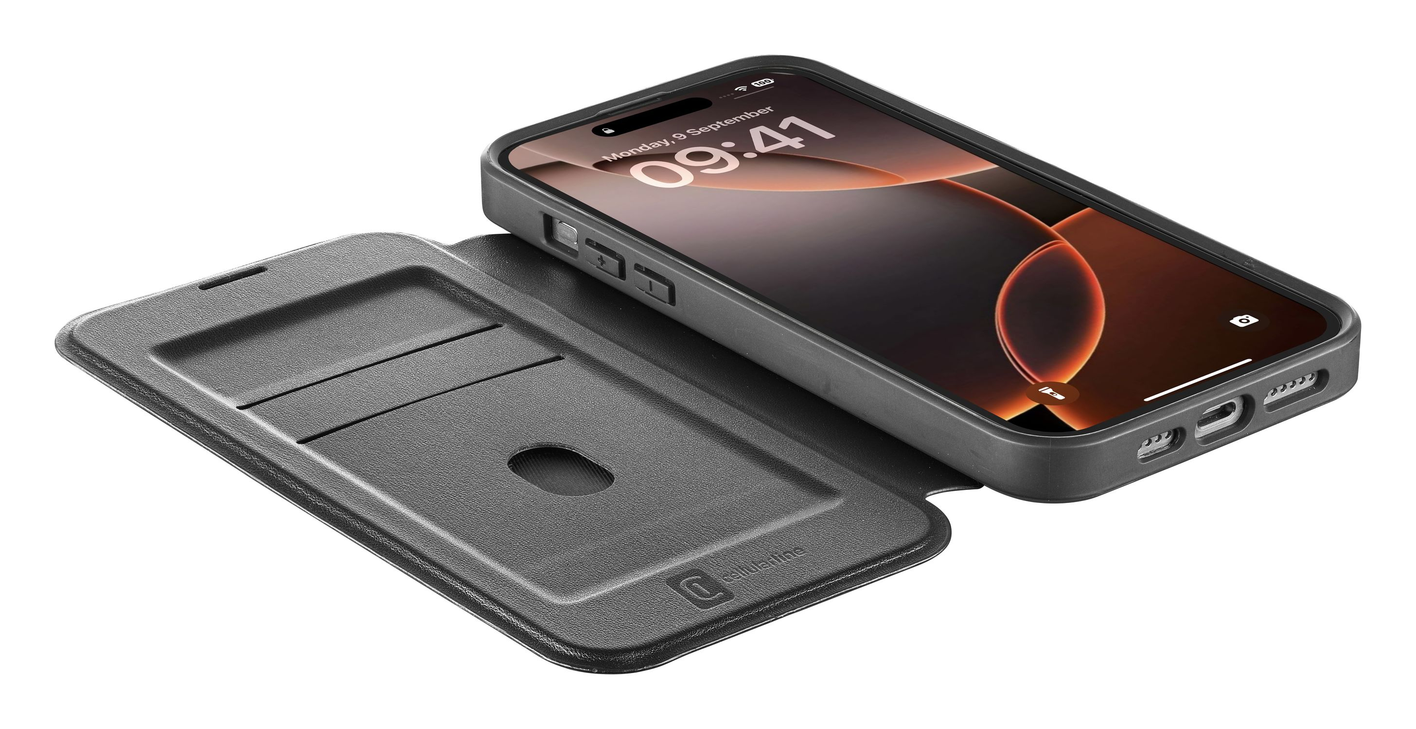 Ein Telefon mit Hülle, geöffnet, um den Bildschirm und die Innenseite anzuzeigen.