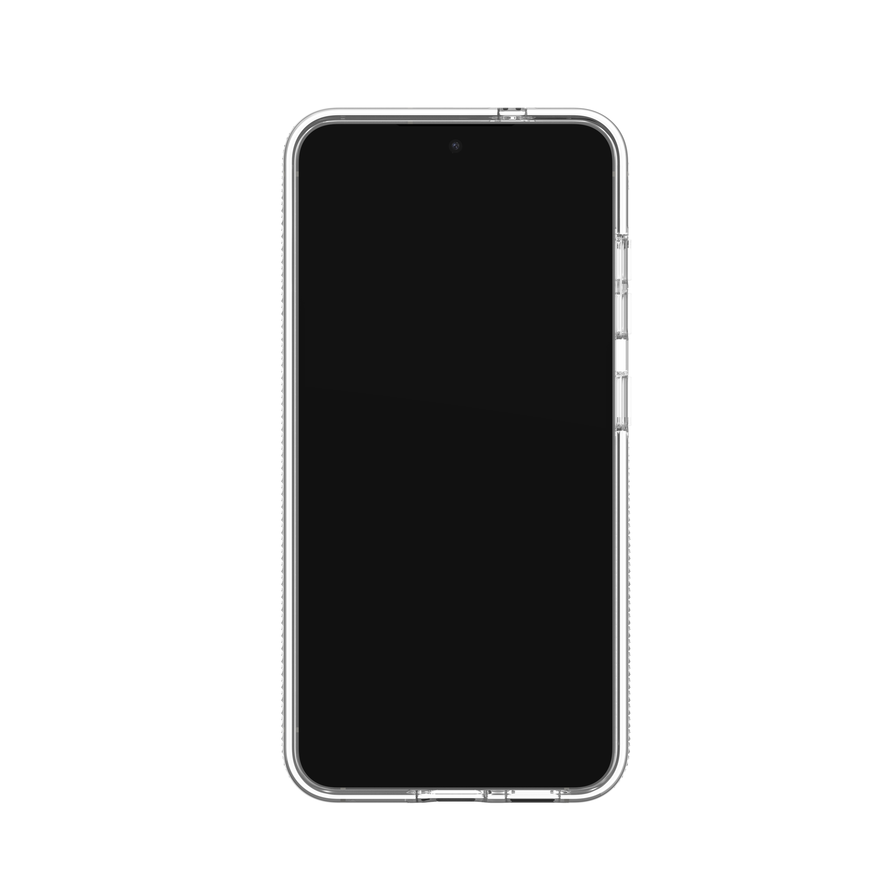 Telefono nero con custodia trasparente. Sfondo bianco.