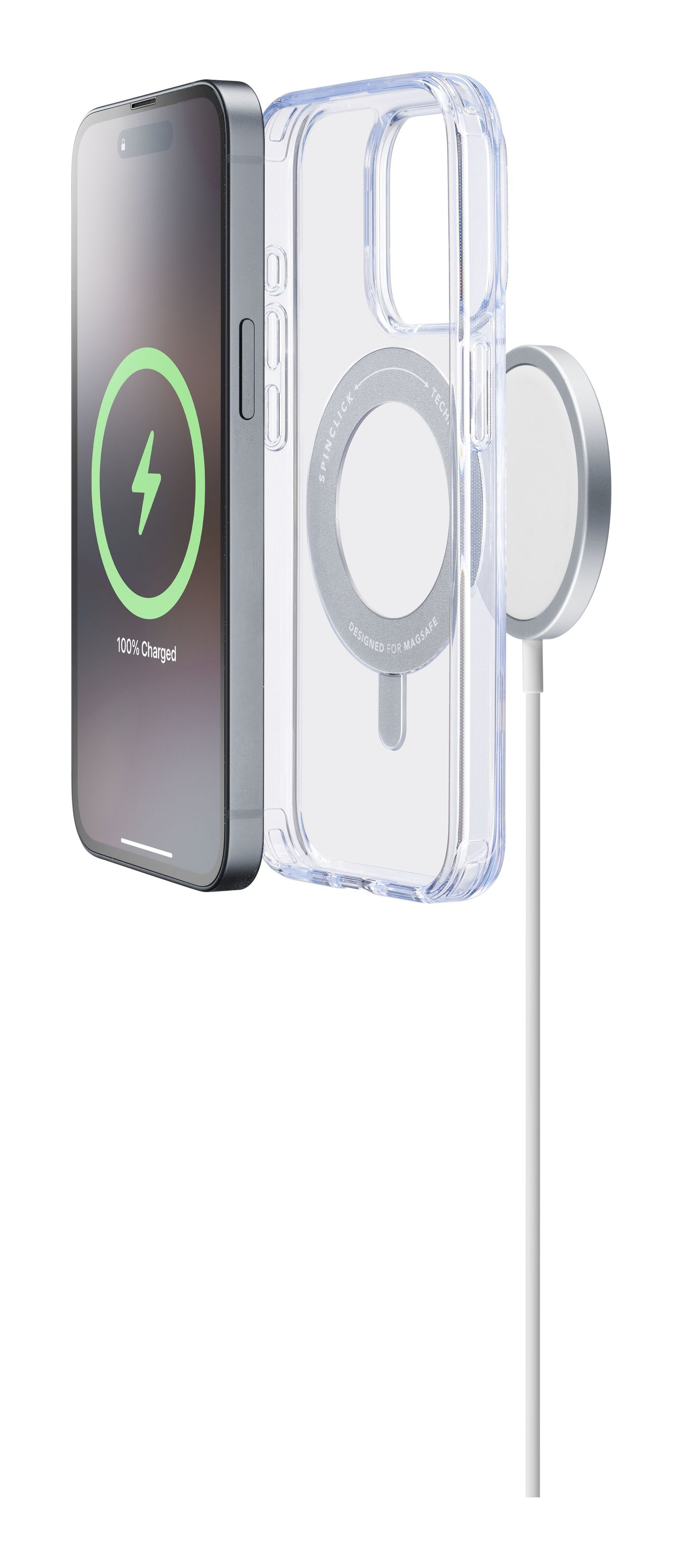 Téléphone et coque transparente avec chargeur, l'écran affiche le symbole de charge.