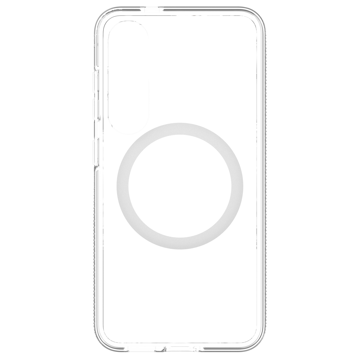 Custodia trasparente con forma a cerchio. Telefono non visibile all'interno.