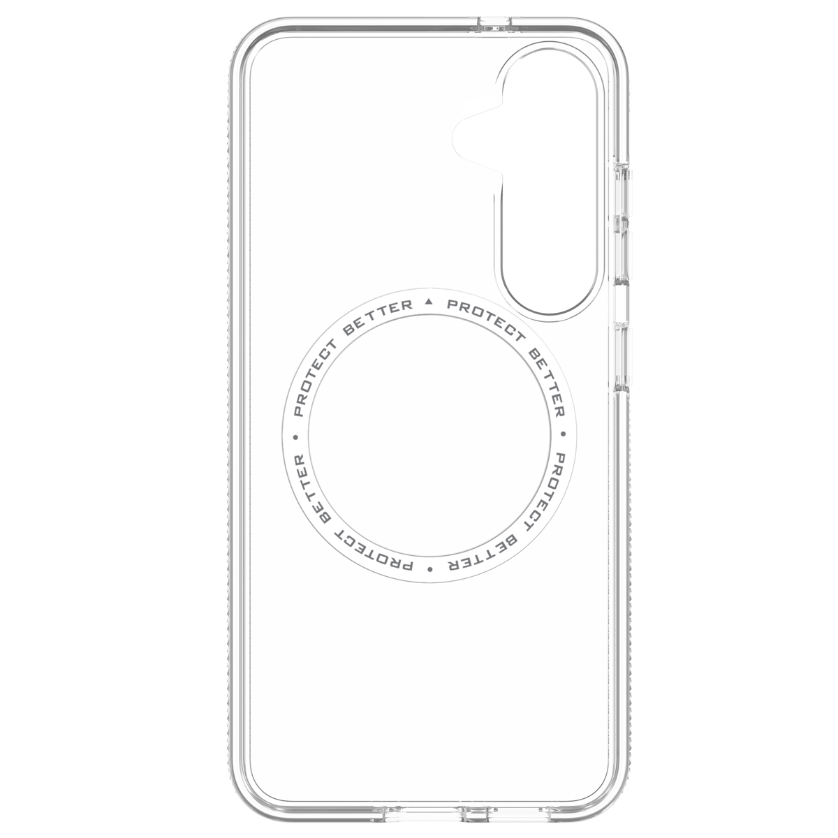 Custodia trasparente per telefono con un cerchio al centro e le parole "PROTECT BETTER" intorno. Ha un ritaglio per la fotocamera.