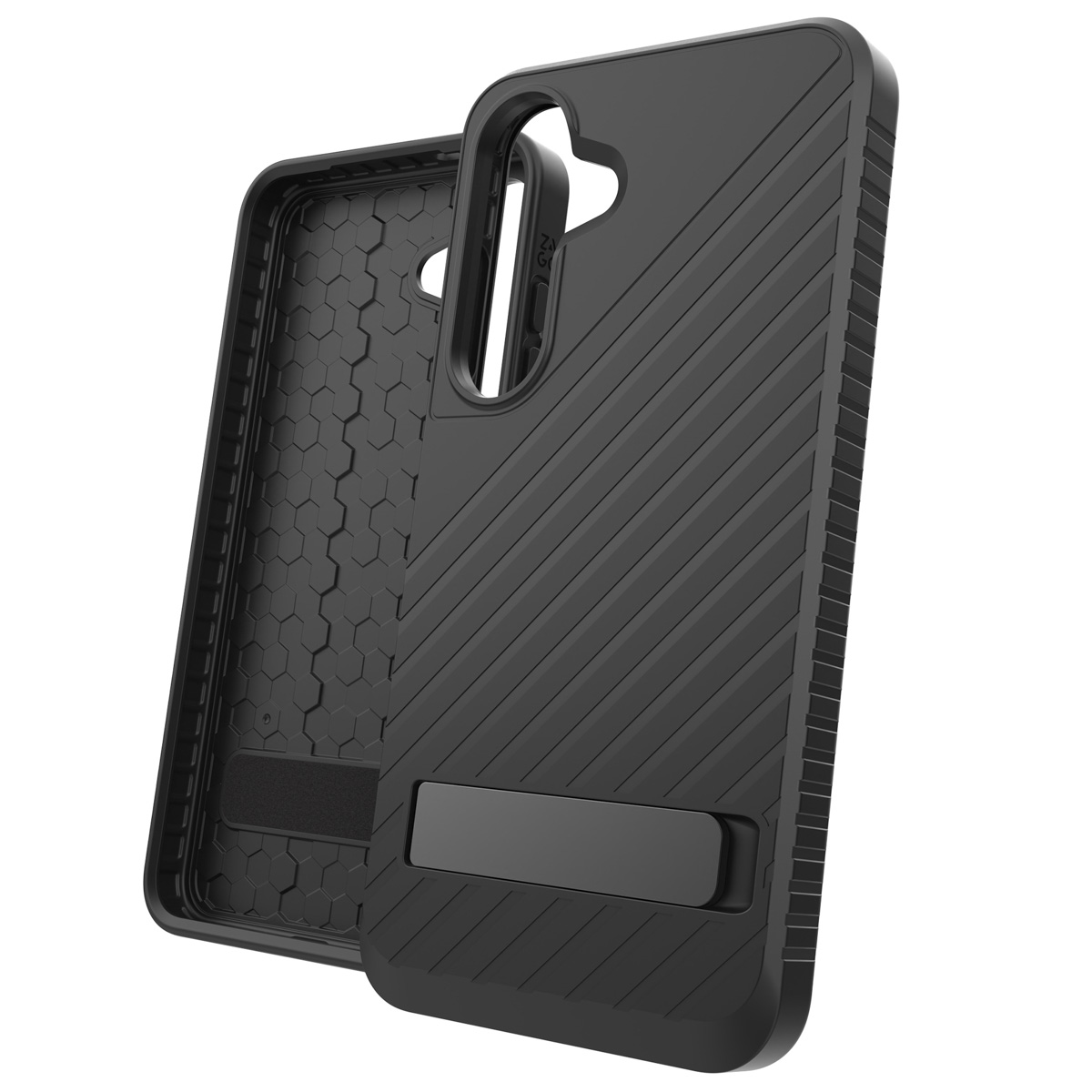 Custodia nera per telefono con supporto. La custodia ha un motivo strutturato. L'interno ha un design a nido d'ape.