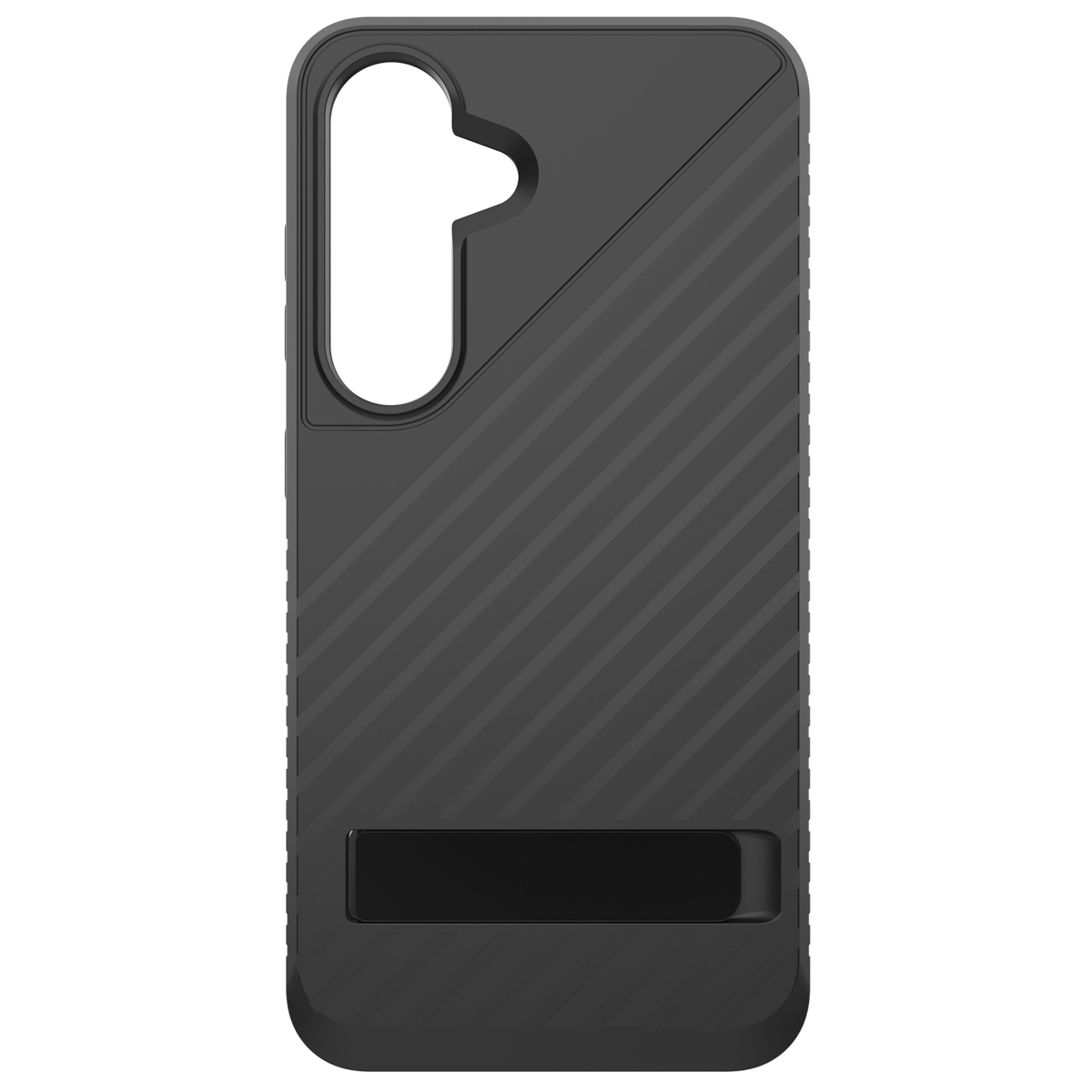 Custodia per telefono nera con supporto. Linee diagonali sul retro. L'interno è strutturato.
