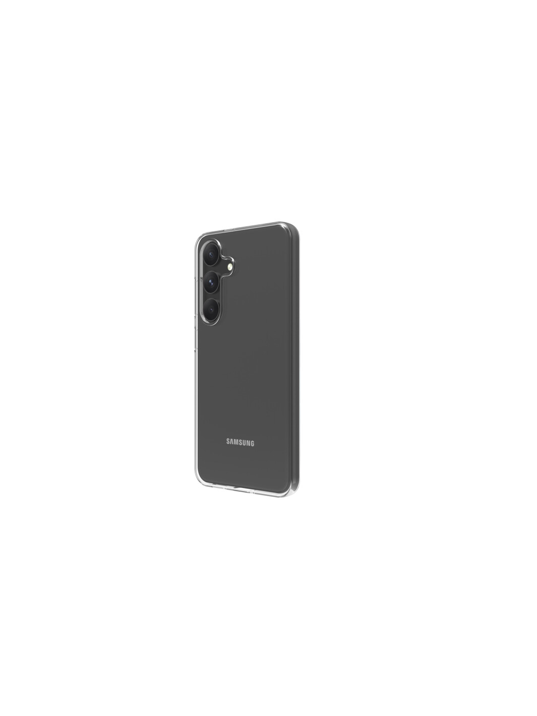 Uno smartphone grigio in una custodia trasparente, su sfondo bianco.