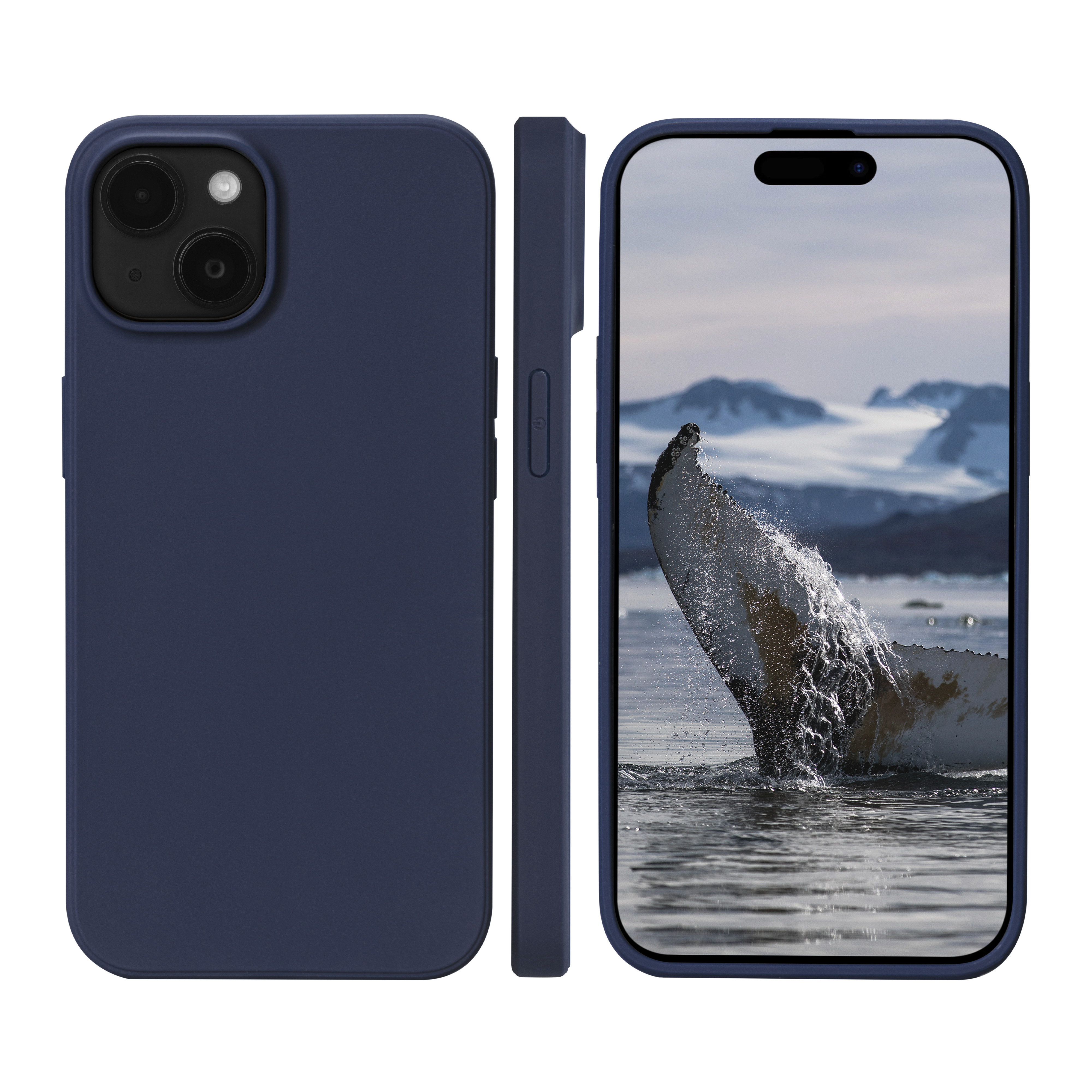 Coque de téléphone bleu marine avec une image de baleine sur l'écran du téléphone. Vue latérale et arrière.