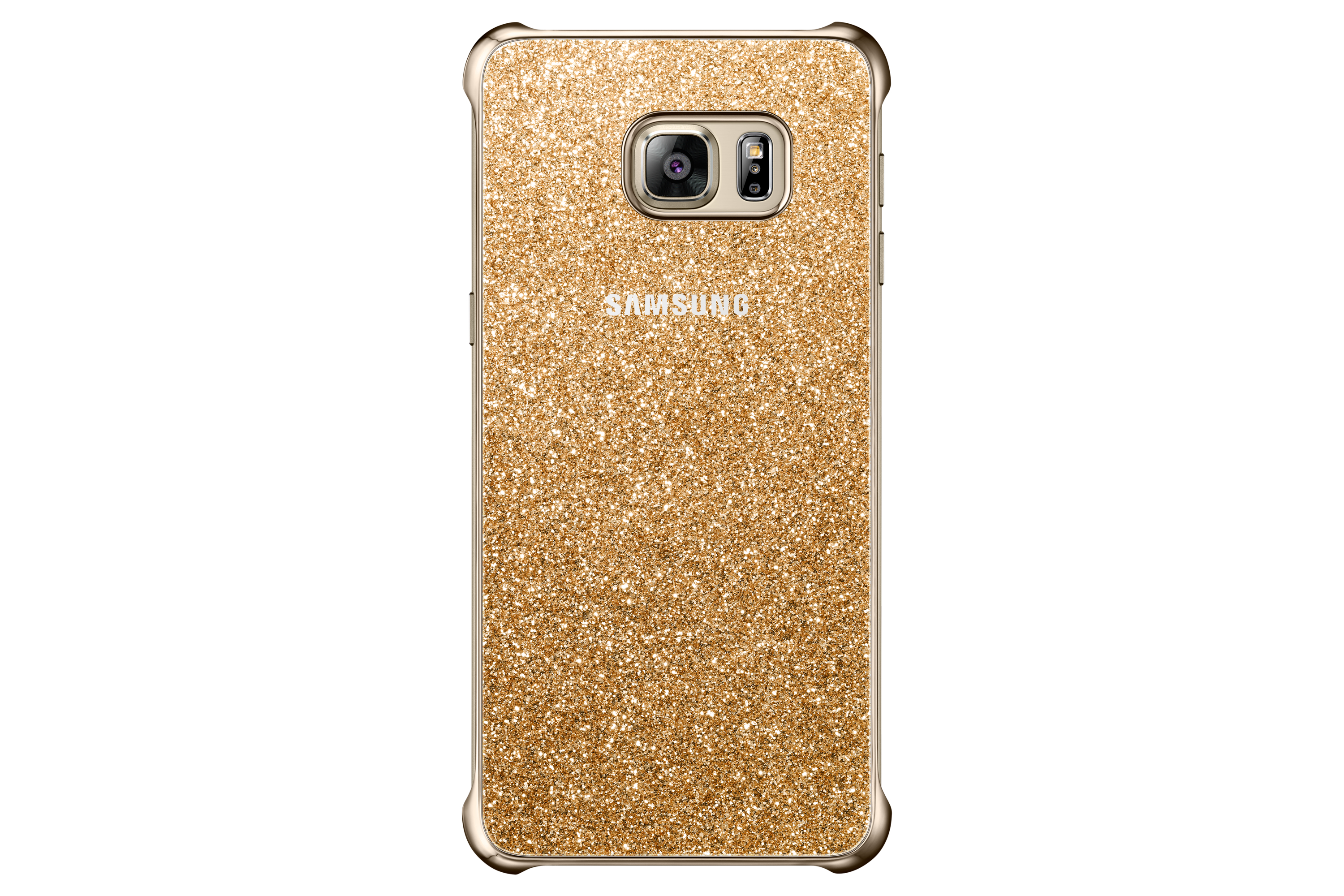 Custodia per telefono dorata con glitter, fotocamera e scritta SAMSUNG sul retro.
