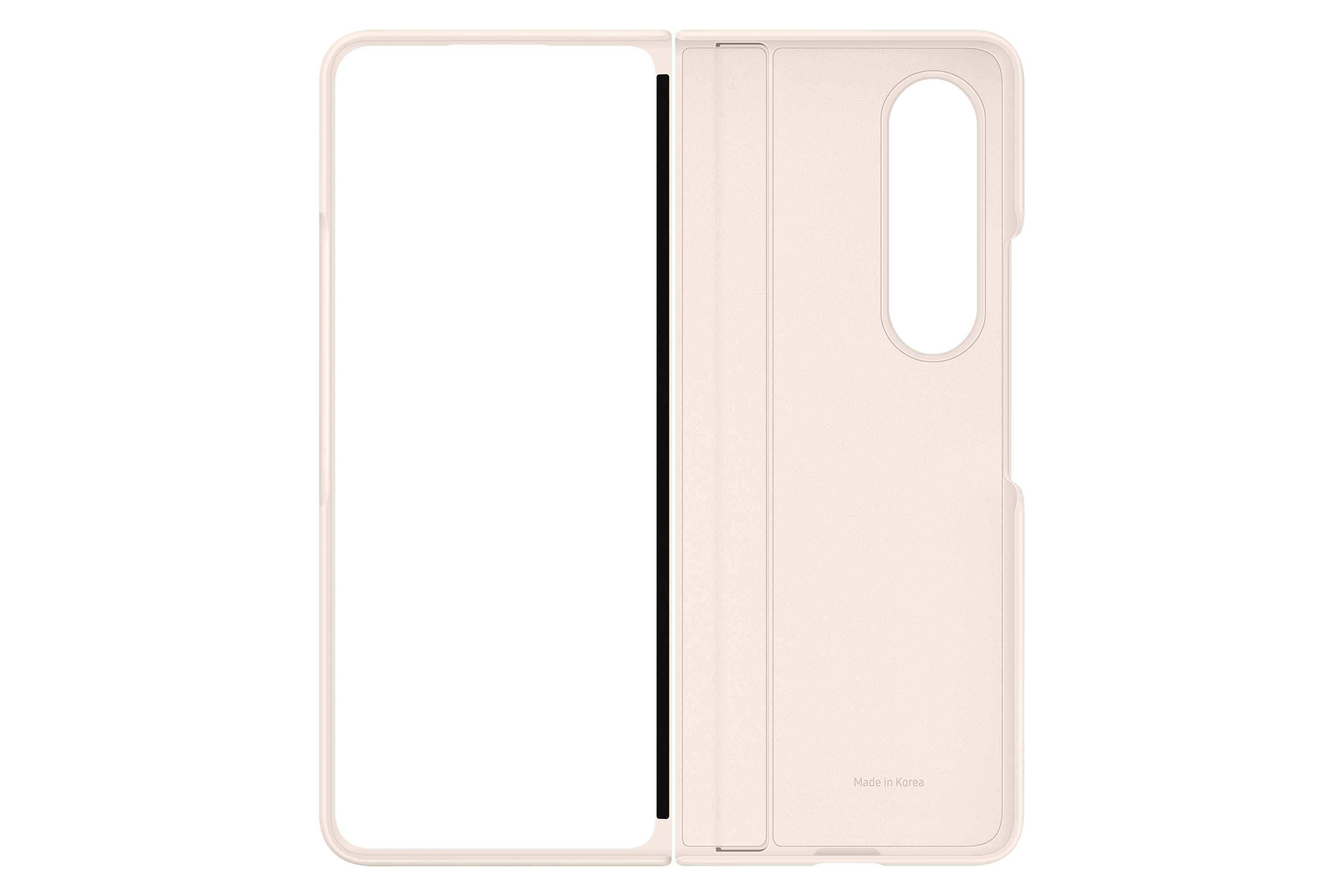 Custodia del telefono aperta. Rosa chiaro, aperta per rivelare l'interno vuoto. Sfondo bianco.