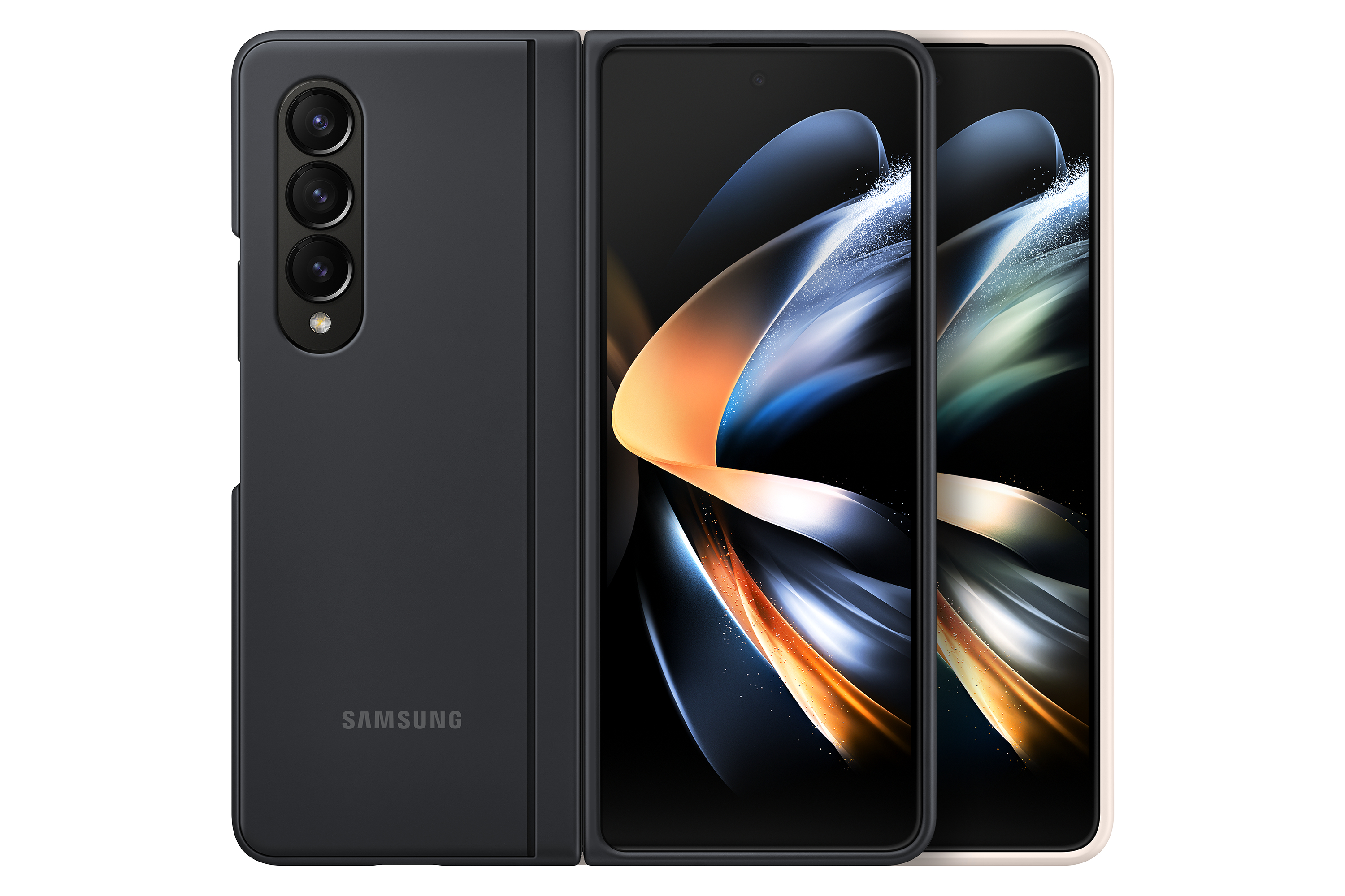 Un Samsung Galaxy Z Fold 4 piegato in nero, che mostra il suo schermo, con un telefono beige accanto.
