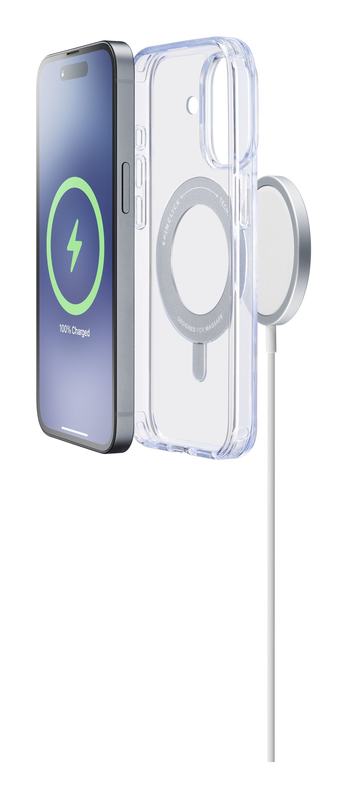 Téléphone se chargeant sans fil, avec étui. Le téléphone affiche une icône de chargement. Le chargeur est blanc.