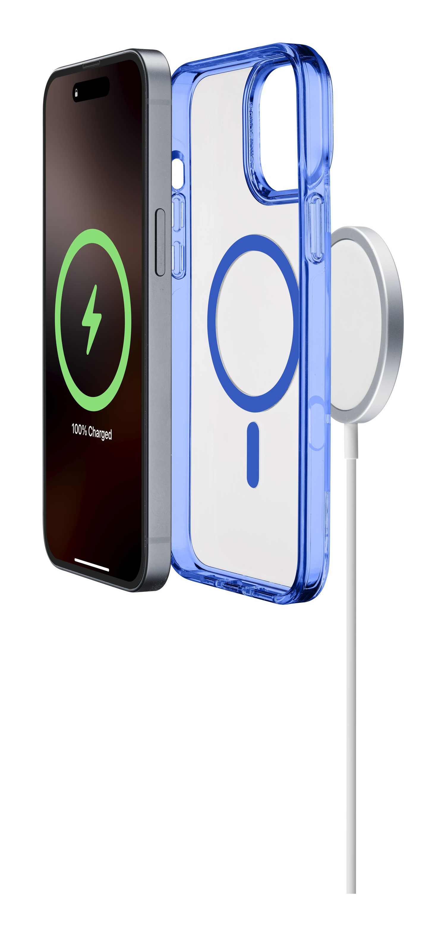 Teléfono cargando de forma inalámbrica con una funda azul. El teléfono muestra el estado. Fondo blanco.