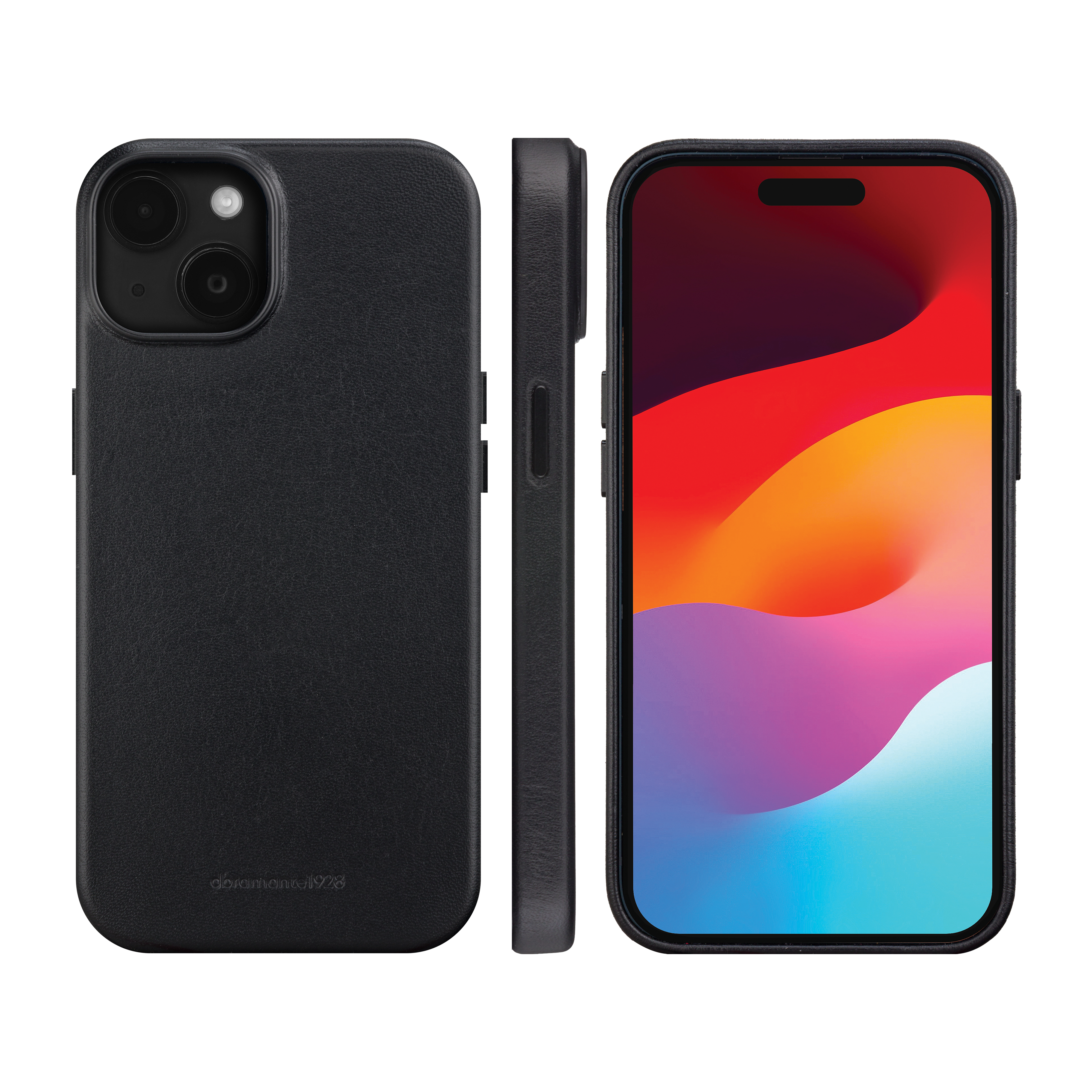 Schwarze Handyhülle mit einem schwarzen Telefon, das eine farbenfrohe Anzeige zeigt.