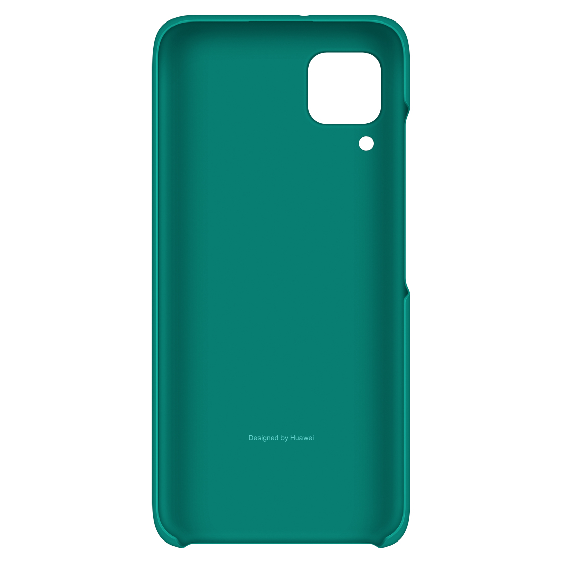 Una custodia per telefono turchese con un ritaglio per la fotocamera. La custodia riporta "Designed by Huawei".