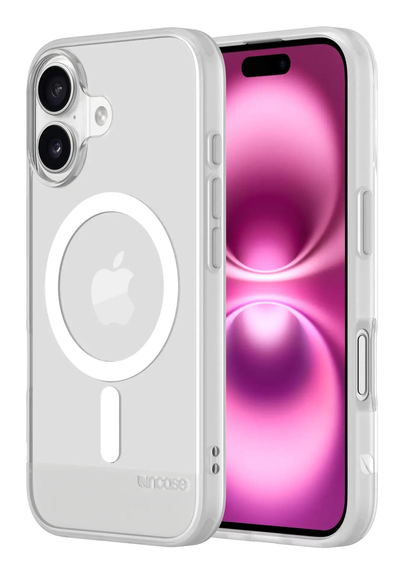 Custodia trasparente per telefono con un logo Apple e un telefono all'interno.
