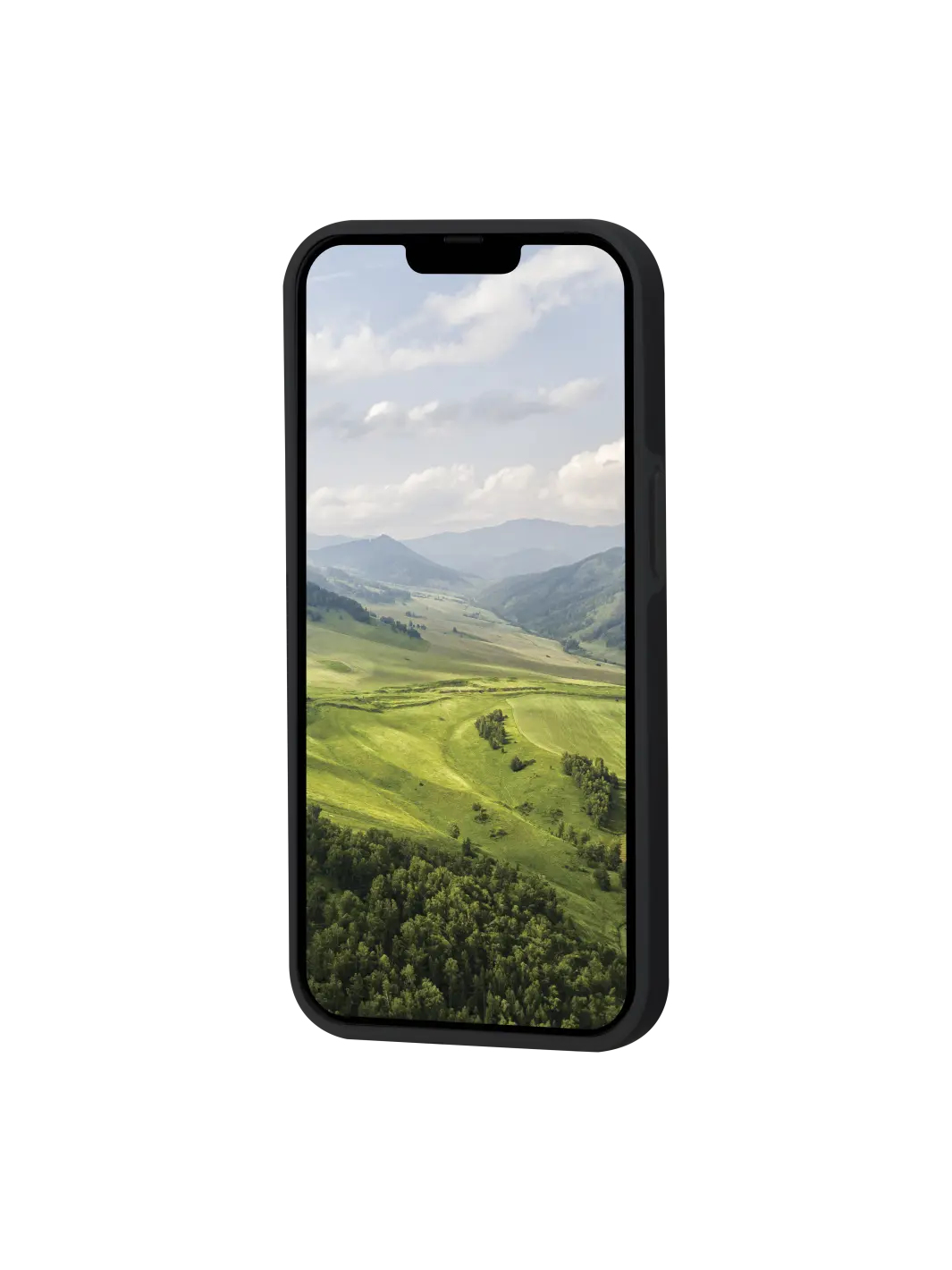 Uno smartphone che mostra un paesaggio panoramico di colline verdi e montagne sotto un cielo nuvoloso.