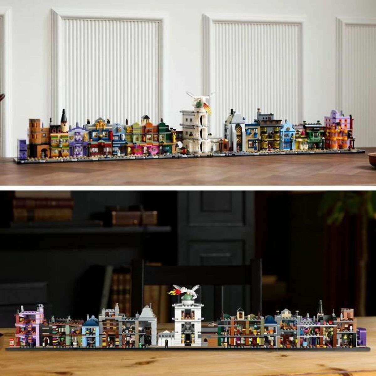 Linia horyzontu miasta Lego z kolorowymi budynkami, białą wieżą i drewnianym stołem. Tło przedstawia białe panele ścienne.