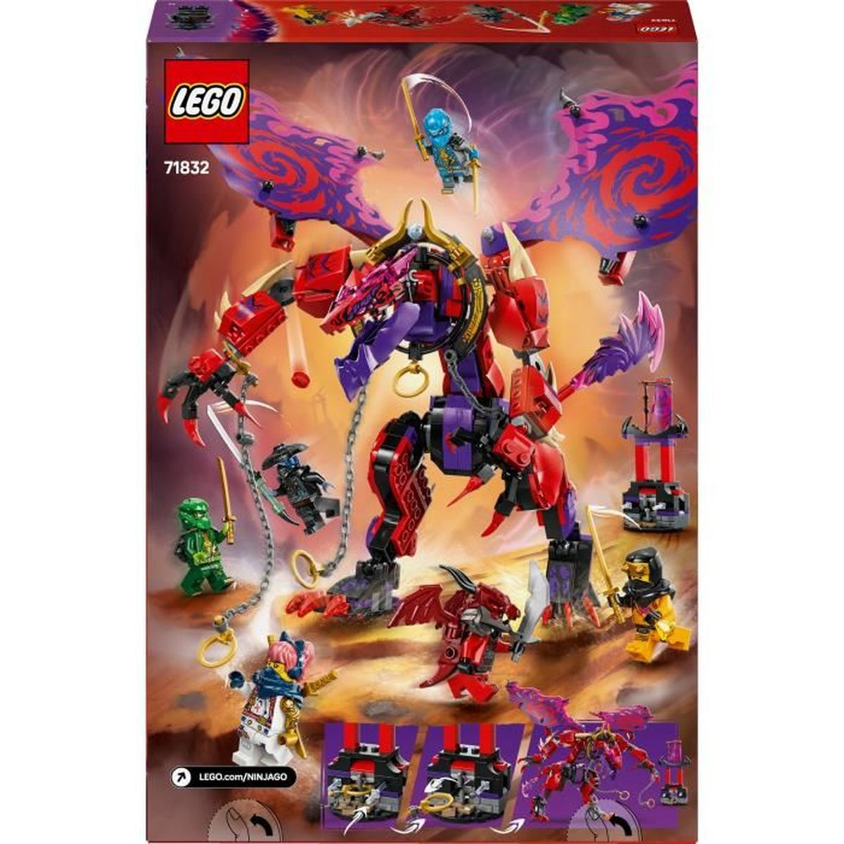 Pudełko LEGO Ninjago przedstawia smoka, minifigurki i świątynię, żywe kolory.