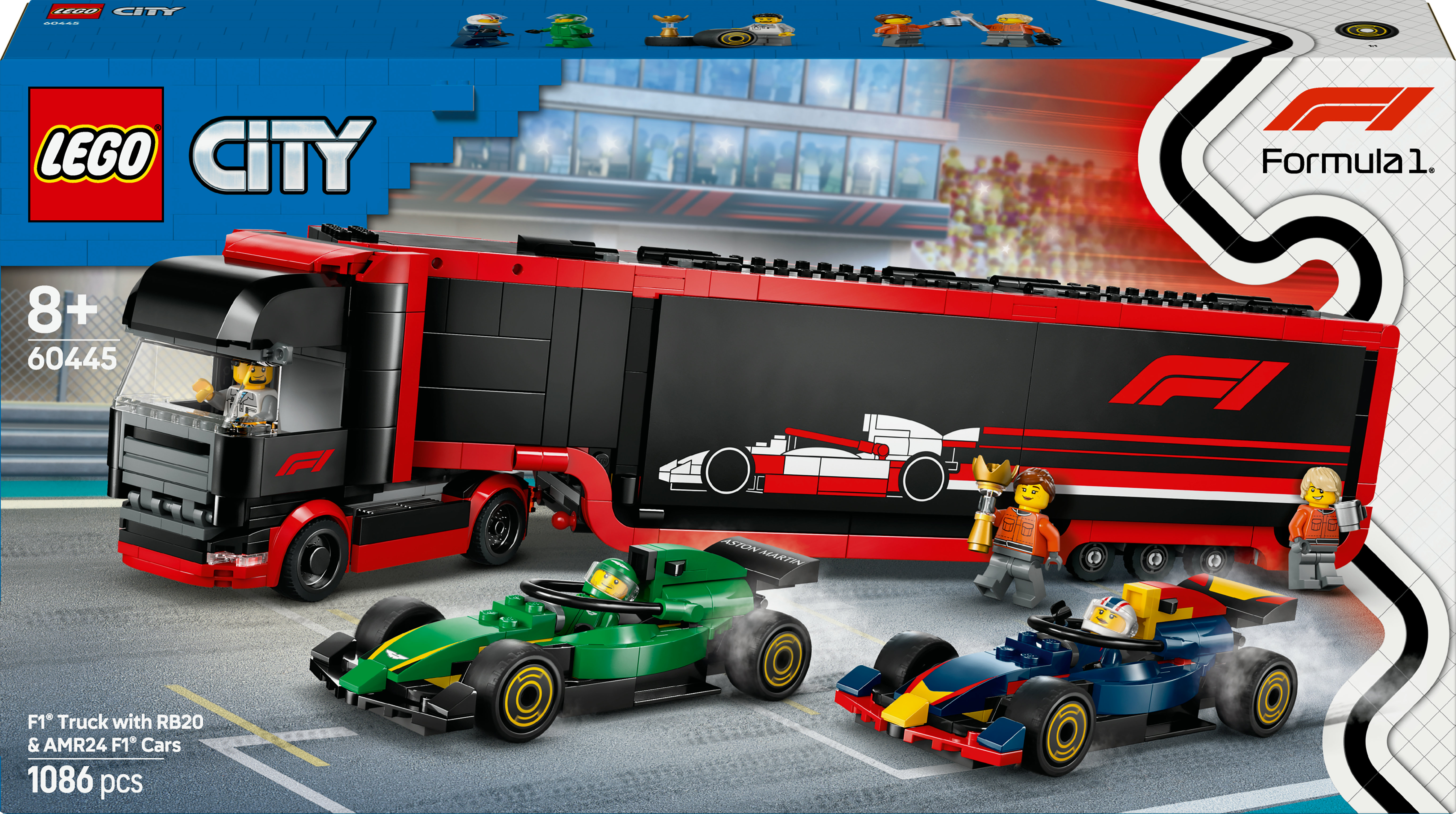 Un camión Lego F1 con dos coches de carreras. La caja muestra el set. Un conductor está en el camión. Dos personas están de pie.