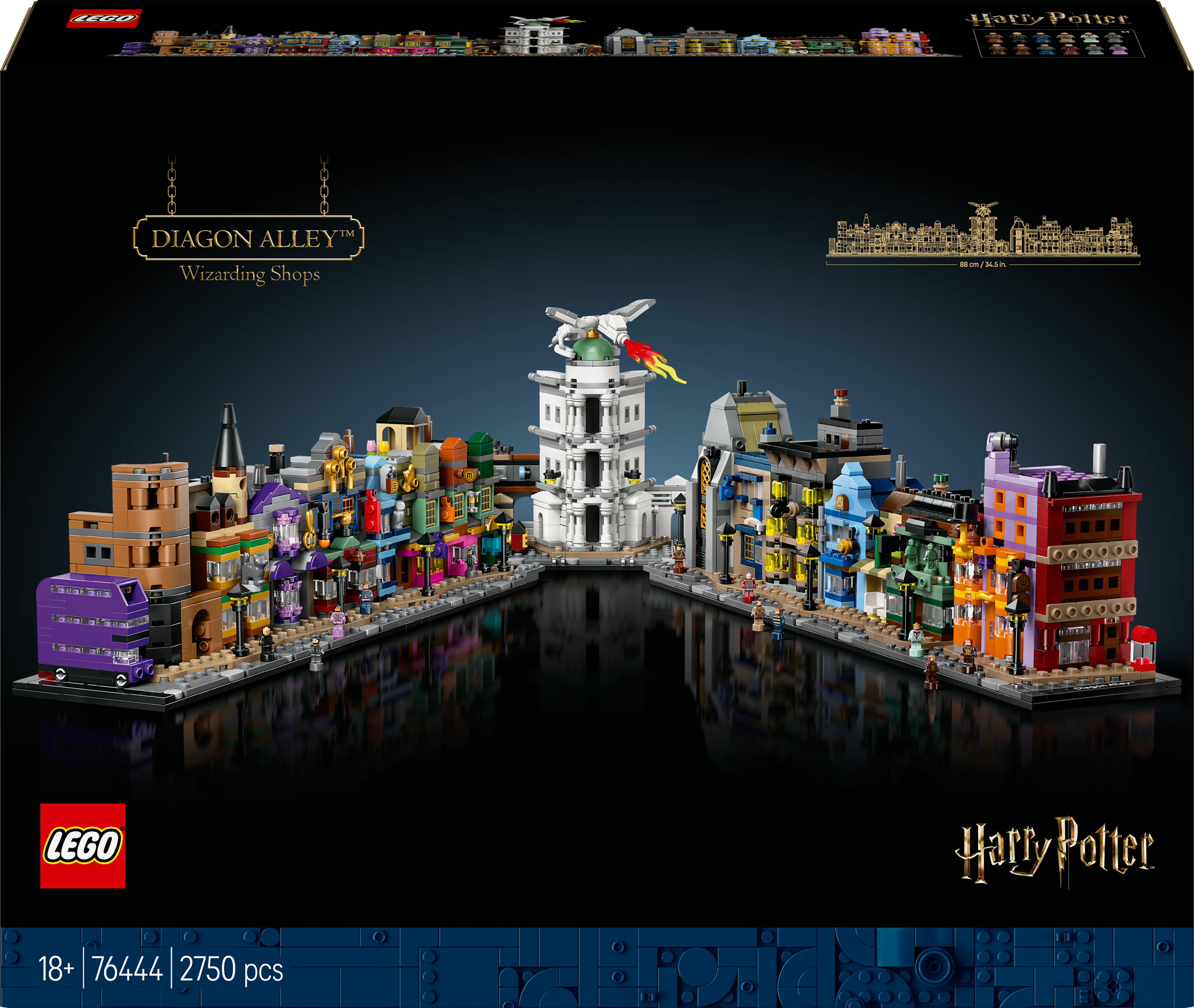 Set Lego Diagon Alley. Edificios de varios colores bordean una calle. Un autobús morado y un edificio blanco son visibles.