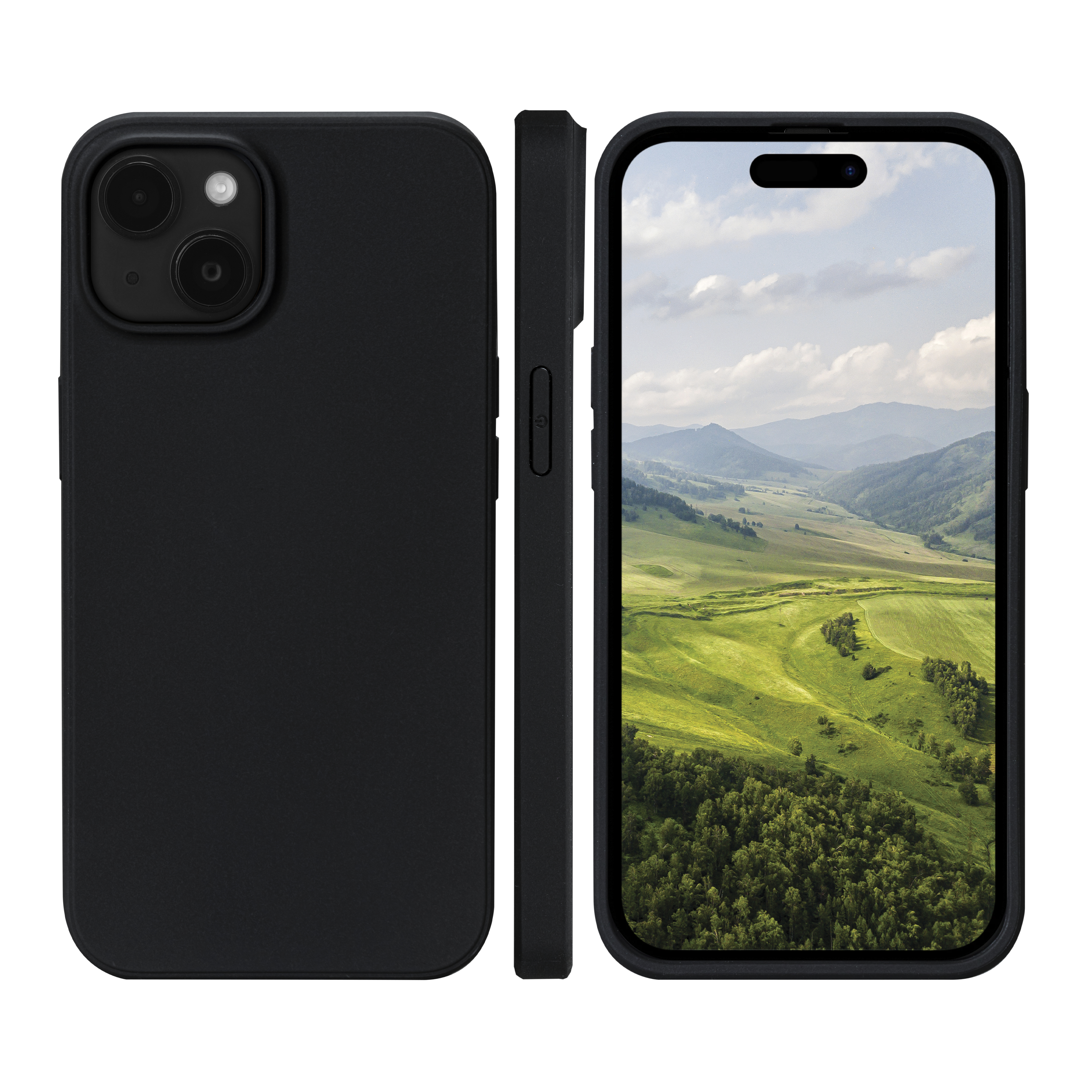 Deux vues d'une coque d'iPhone noire. La coque est présentée de dos et de côté, avec une vue du paysage à l'intérieur.