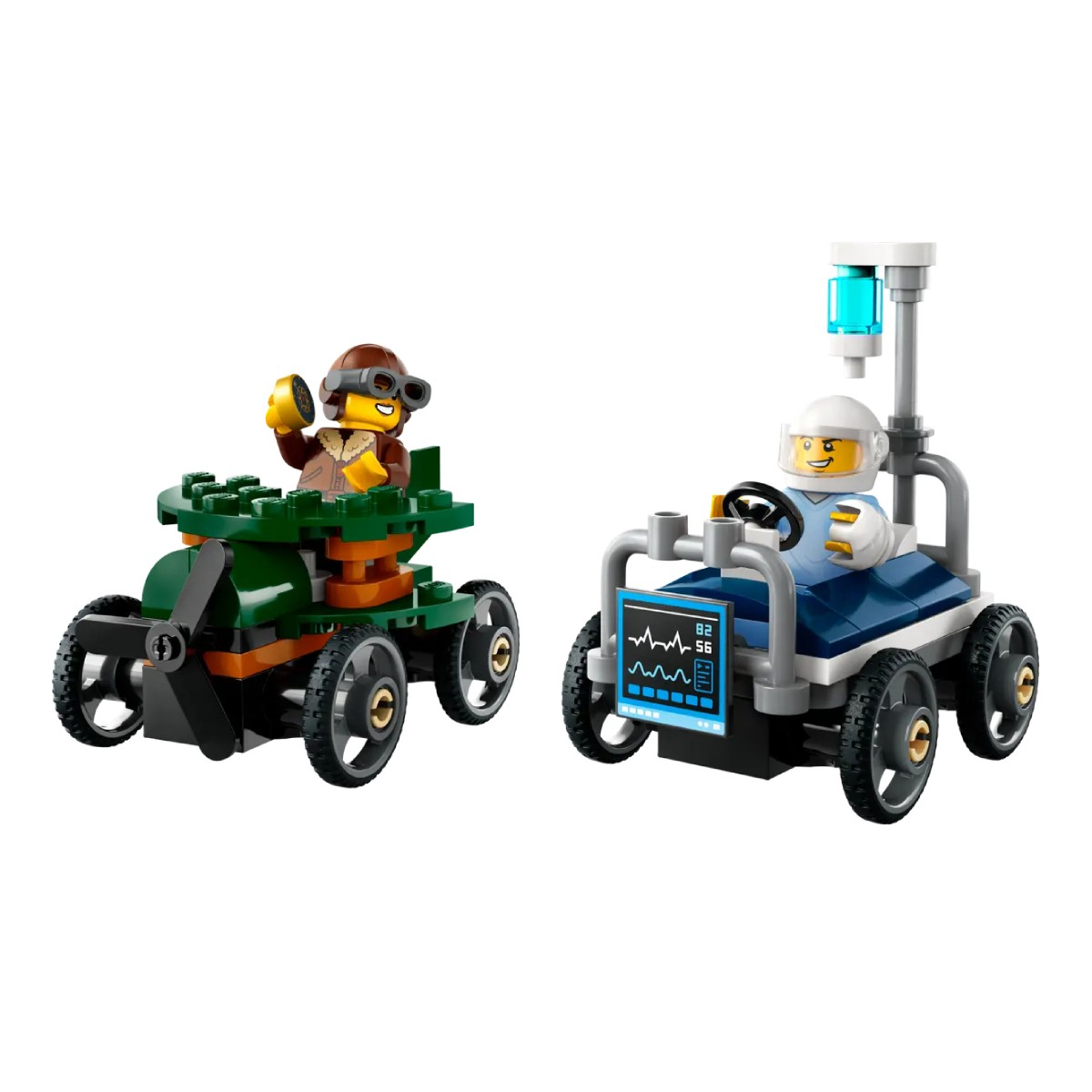 Deux voitures Lego, une verte et une bleue, avec des personnages Lego dedans.