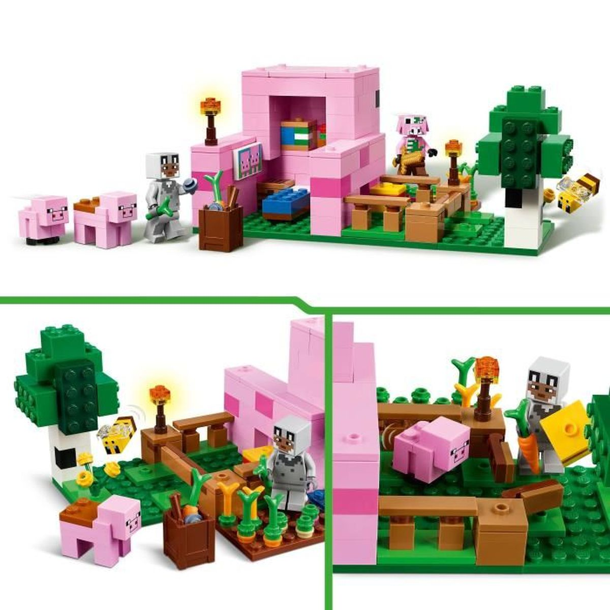 Zestaw Lego Minecraft z domem dla świń, figurkami i drzewem.