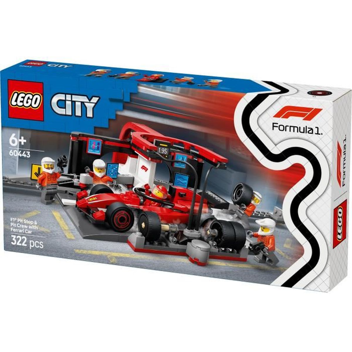 LEGO City Set mit einem Formel-1-Rennwagen und Boxencrew. Die Box zeigt das Auto und die Crew.