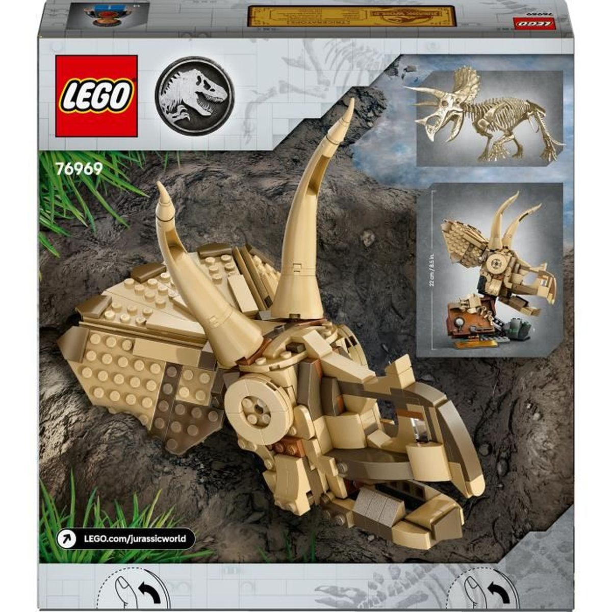 Un set LEGO de un esqueleto de dinosaurio. El set es un Triceratops. Es en tonos beige y marrón.