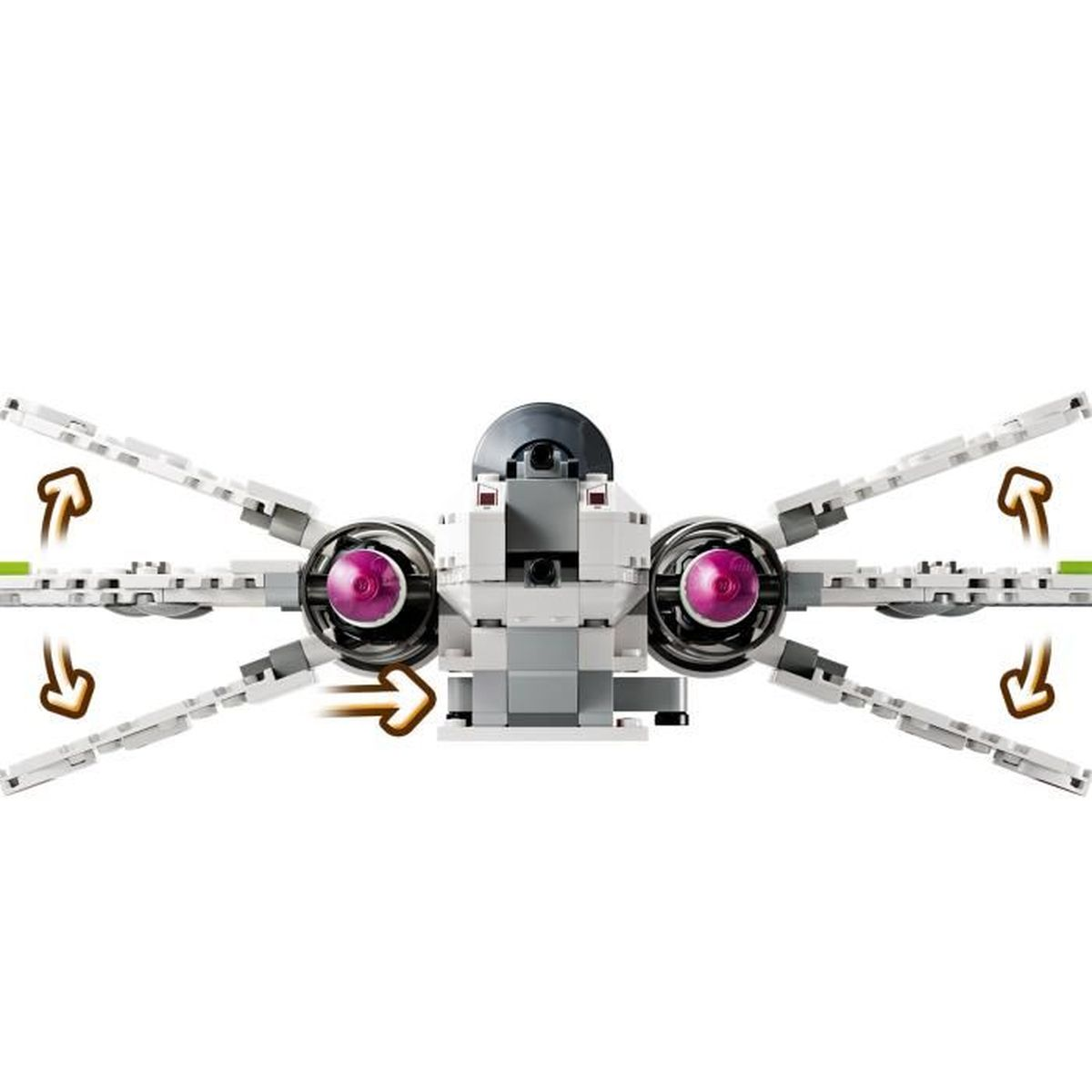 Myśliwiec X-wing Lego Star Wars ze skrzydłami w pozycji rozłożonej, widok z przodu.