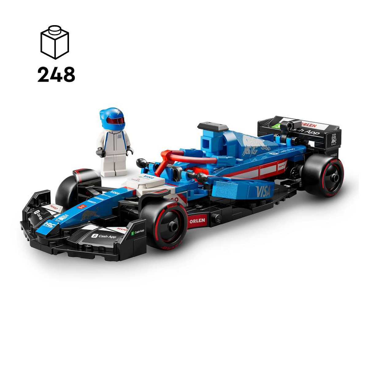 Samochód wyścigowy Lego F1 z minifigurką. Niebiesko-czerwony samochód. Białe tło.