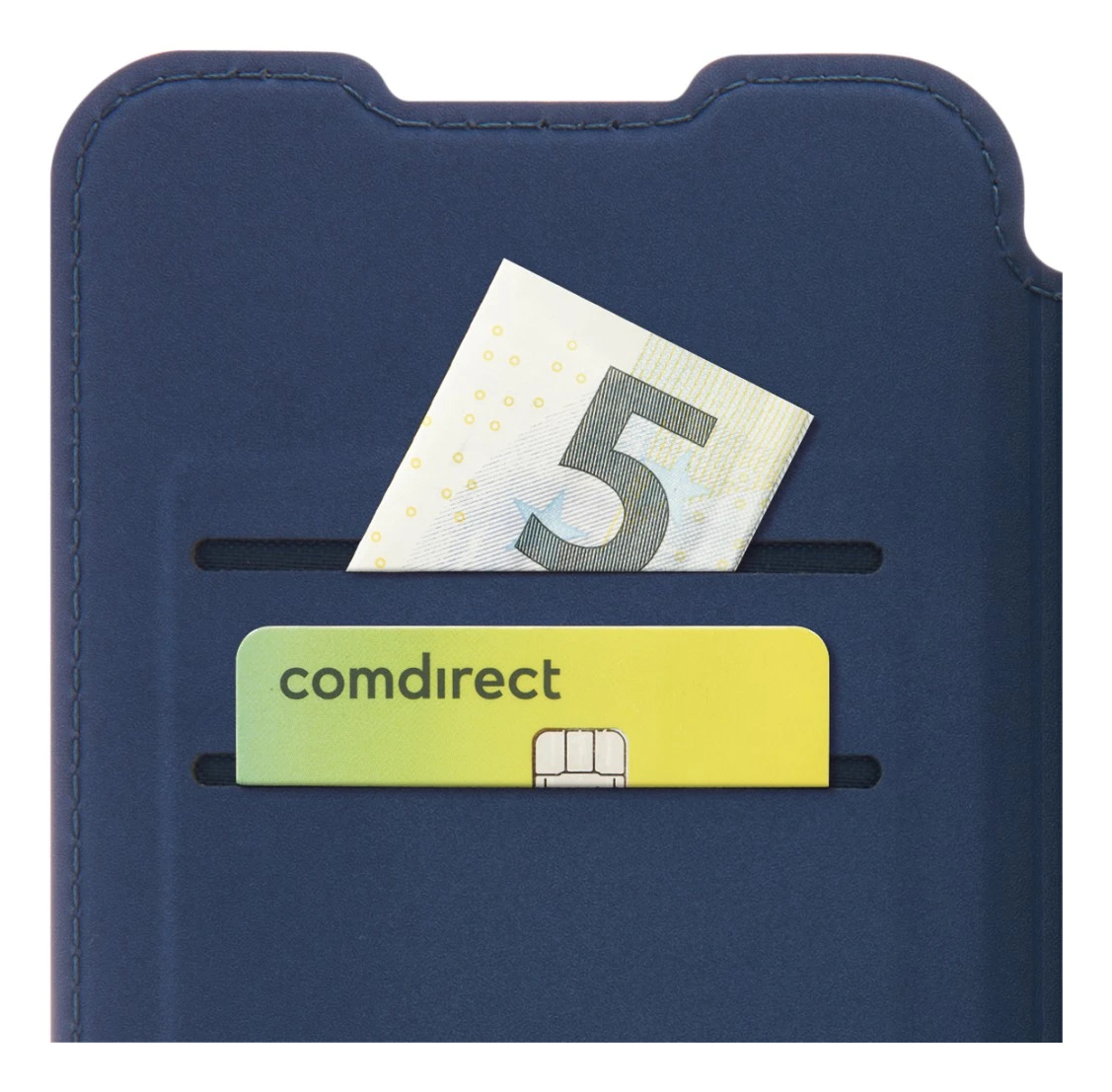 Coque de téléphone bleue avec billet de banque et carte de crédit.
