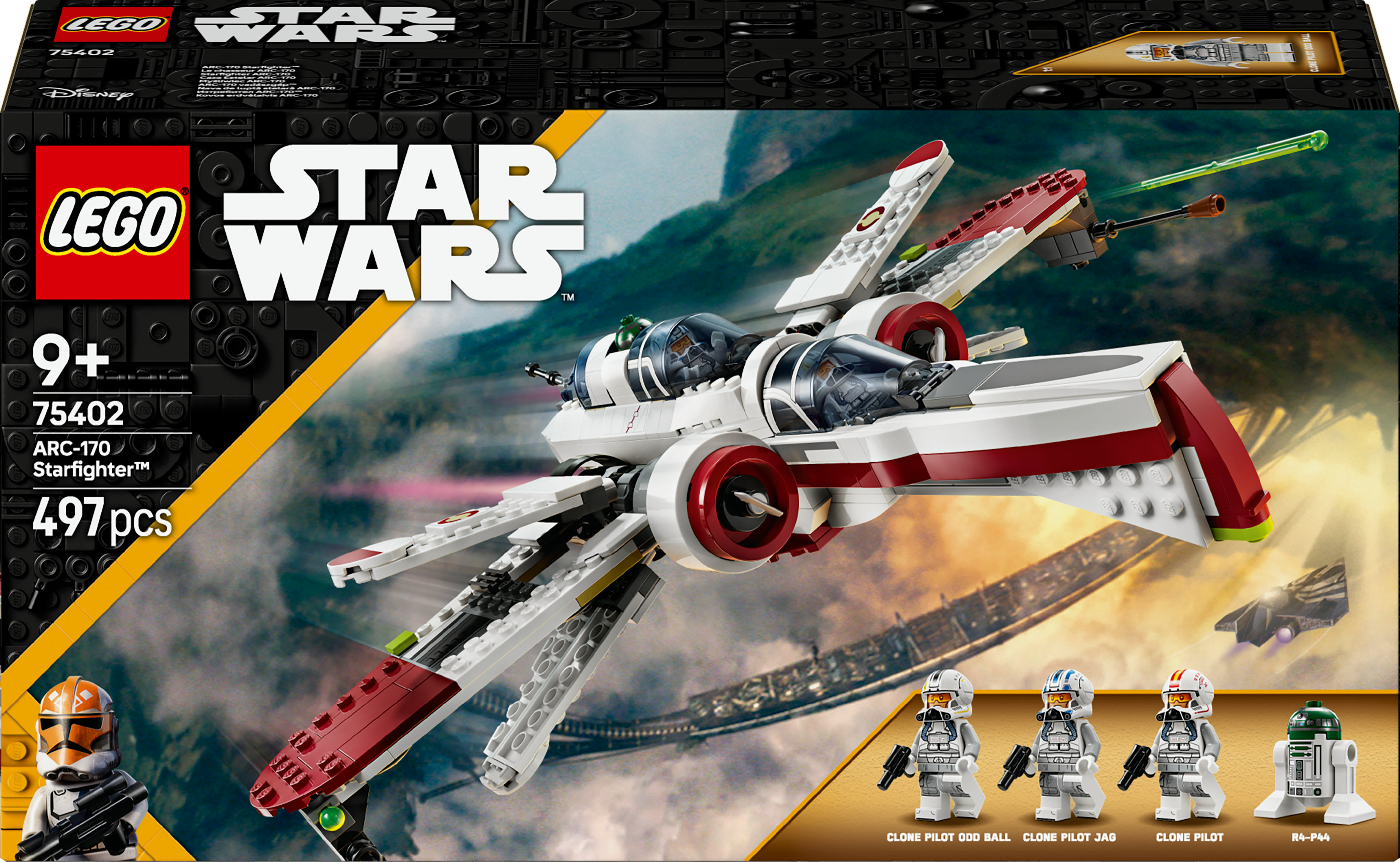 Caja del set Lego Star Wars con un caza estelar blanco y rojo y minifiguras.