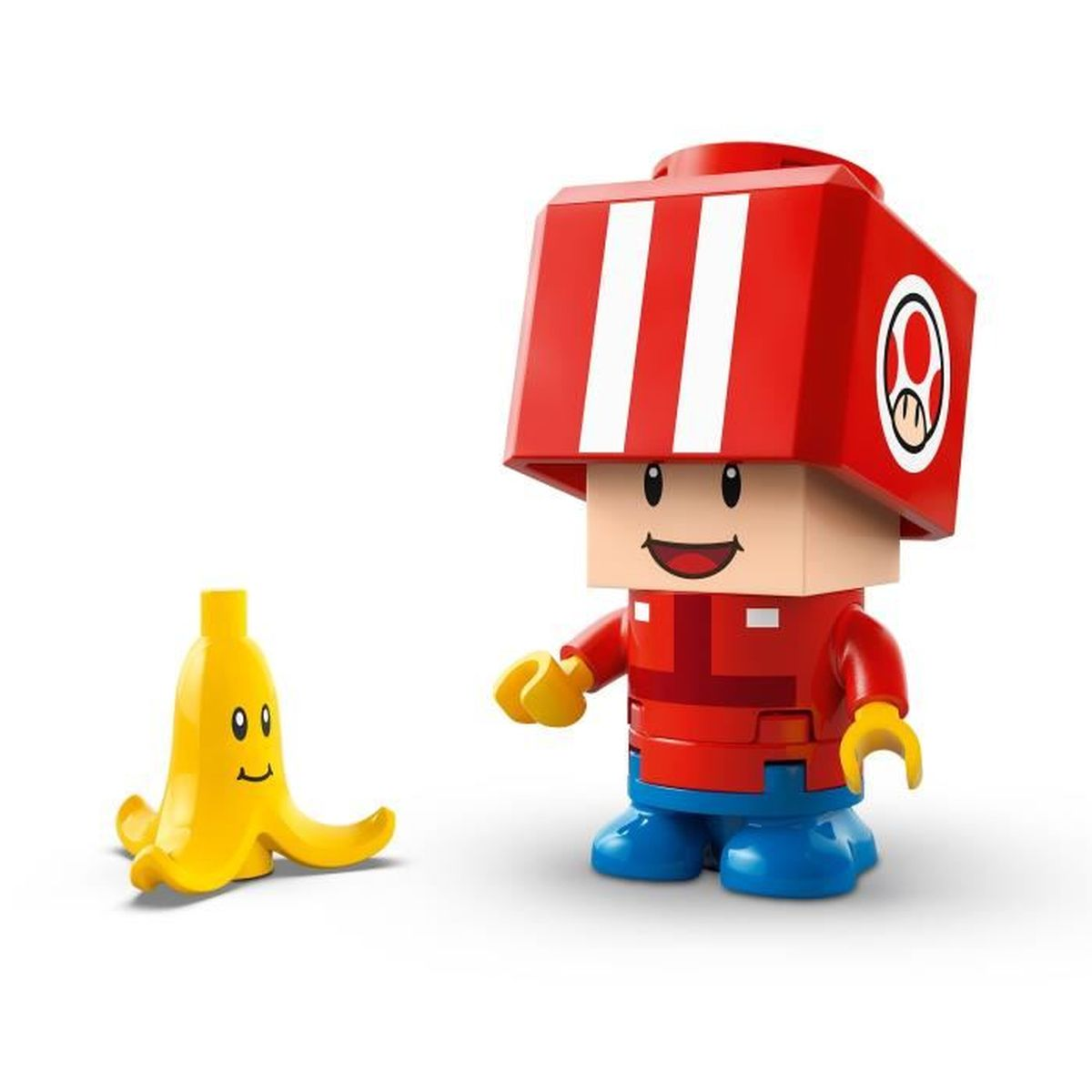 Figurine LEGO Duplo d'un homme avec un chapeau et une chemise rouges, avec un personnage de banane à côté.