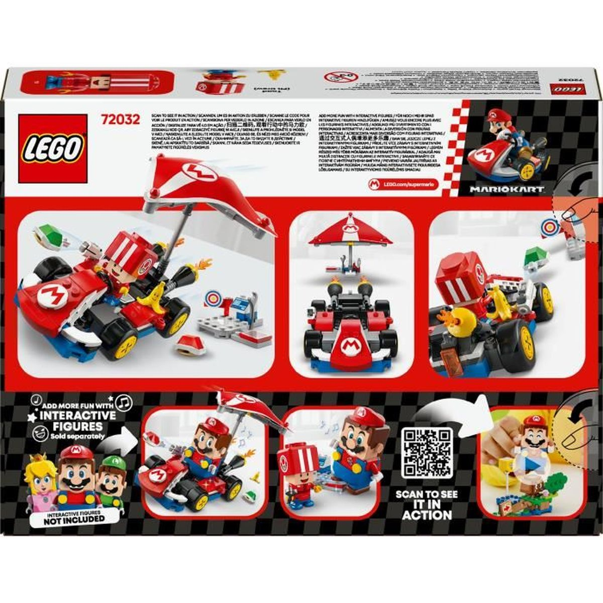 La boîte du set LEGO Mario Kart montre diverses scènes avec Mario, kart et d'autres personnages. Le fond est blanc.