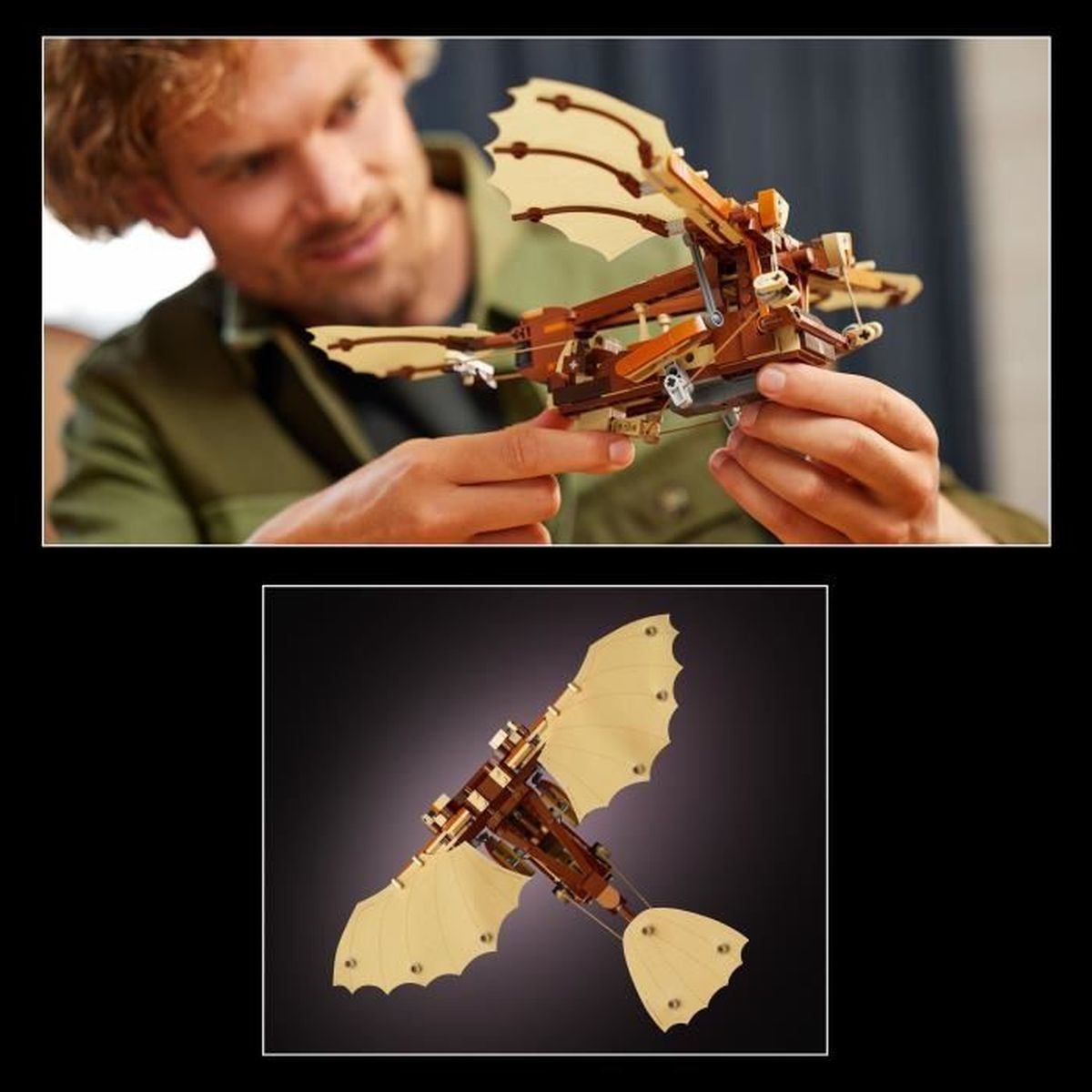 Model latającej maszyny Lego Leonarda da Vinci. Mężczyzna trzyma model.