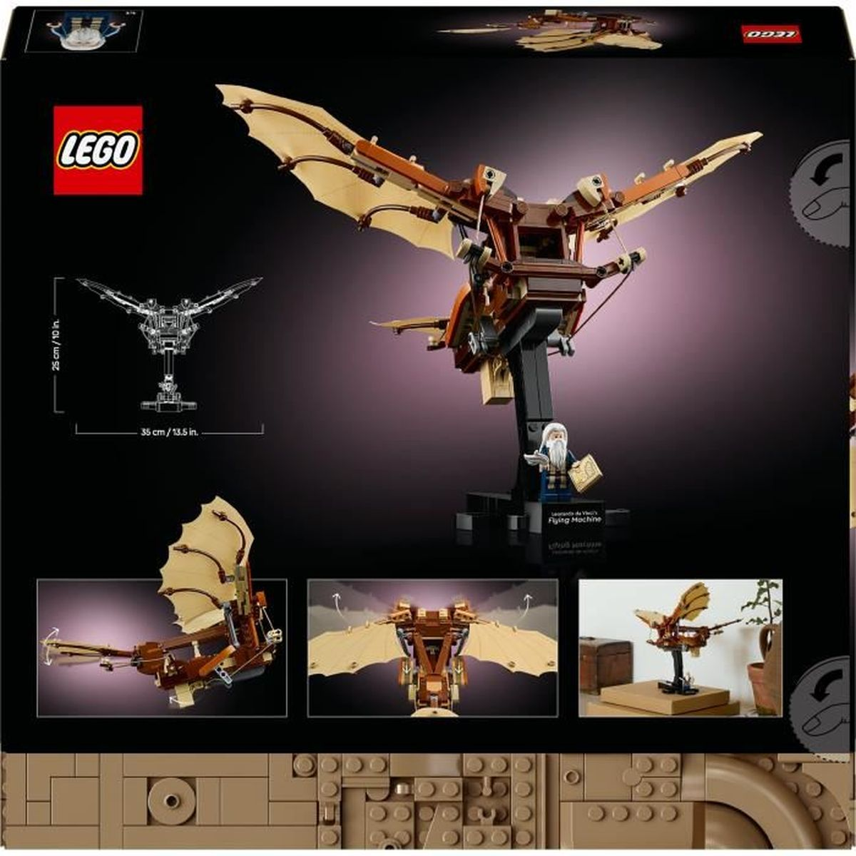Tył pudełka LEGO z modelem latającej maszyny Leonarda da Vinci. Pokazuje różne widoki modelu.