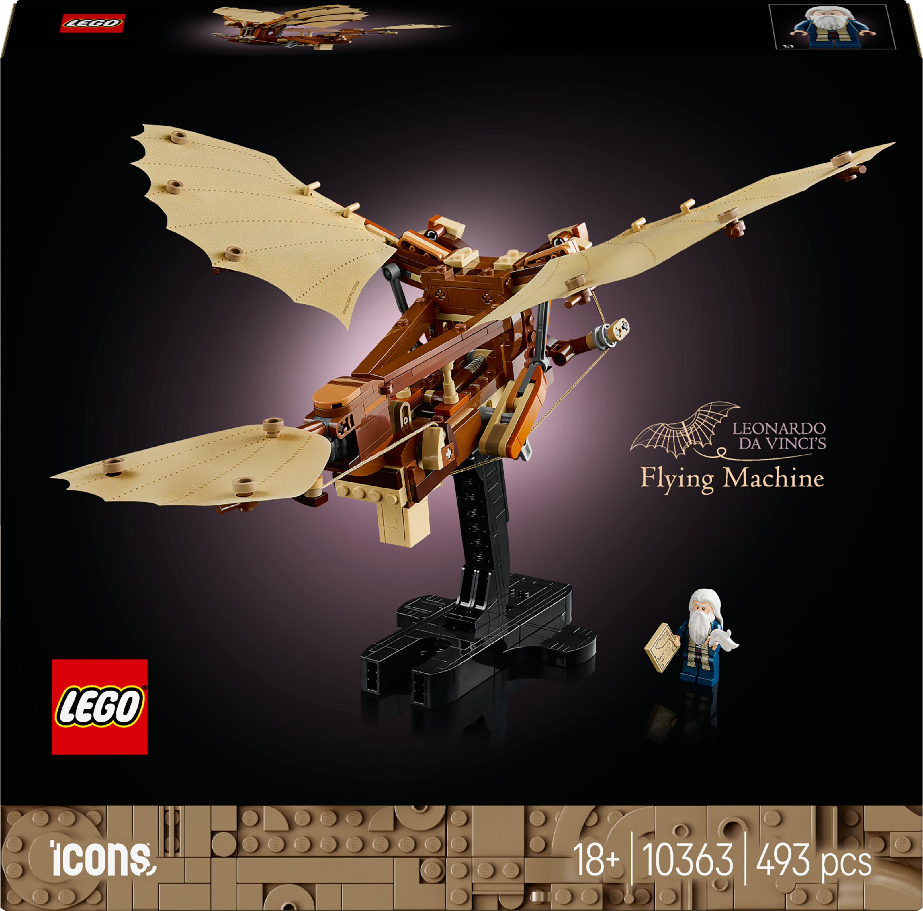 Caja del set de Lego La máquina voladora de Leonardo Da Vinci, con el avión modelo y una minifigura.