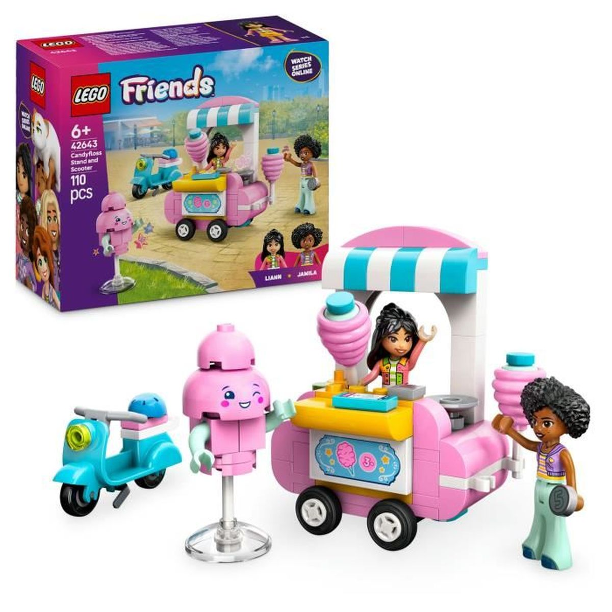 Zestaw Lego Friends z różowym wózkiem z cukierkami i figurkami. W scenie są także skuter i pudełko.