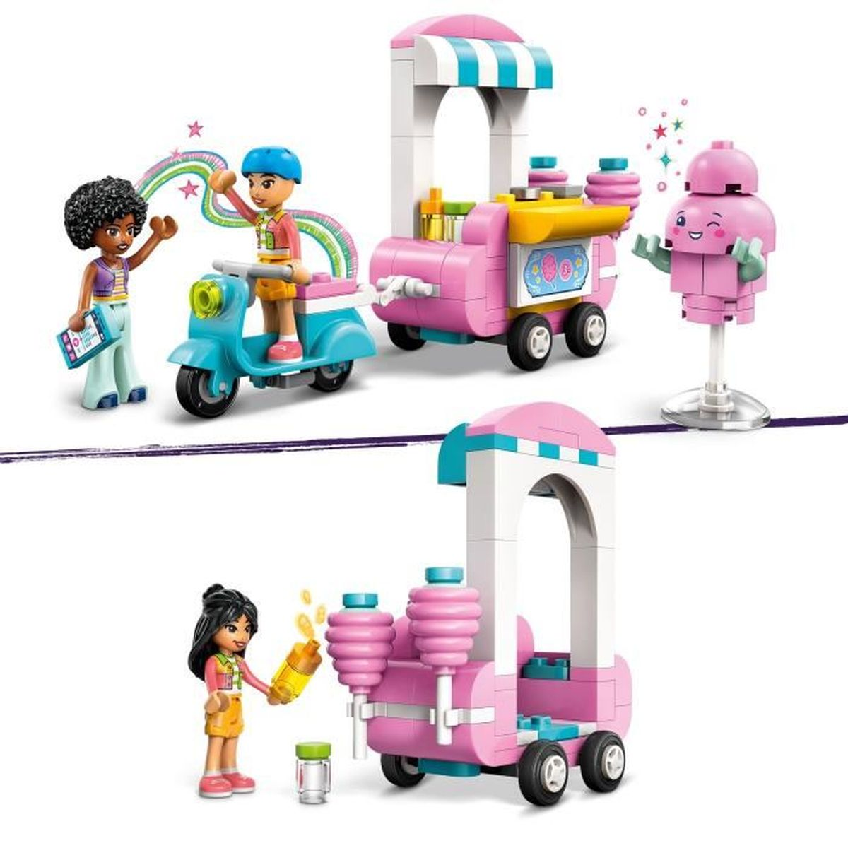 Zestaw Lego Friends z lodziarnią i skuterem, z wieloma figurkami.