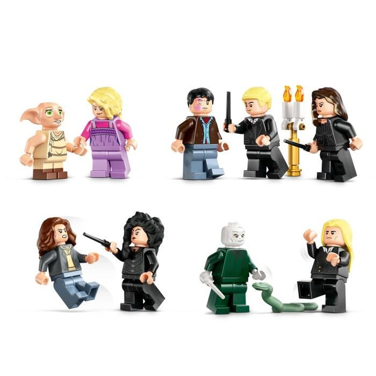 Figurki LEGO Harry Potter. Dobby, Hermiona i inni z różdżkami. Tło białe.